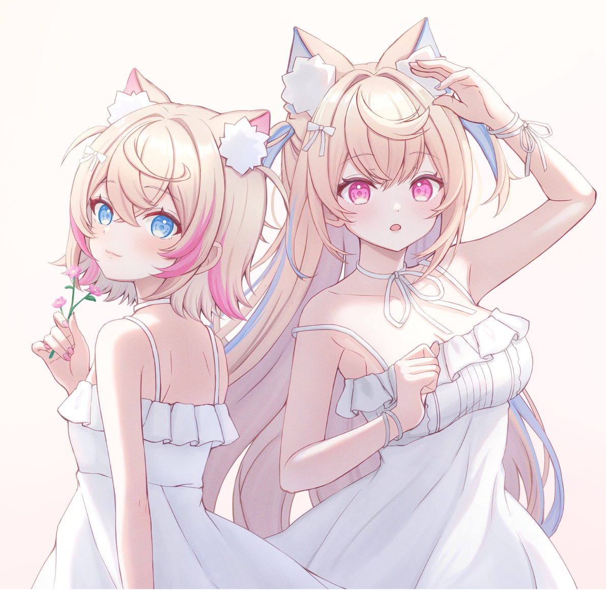sakuraume, fuwawa abyssgard, mococo abyssgard, hololive, hololive english, commentary, 2girls, animal ear fluff, animal ears, bare shoulders, black dress, blonde hair, blue eyes, blue hair, blurry, blurry background, blush, breasts, cleavage, dog ears, dog girl, dress, flower, from behind, holding, holding flower, large breasts, looking at viewer, multicolored hair, multiple girls, pink eyes, pink hair, short hair, siblings, sisters, small breasts, spaghetti strap, streaked hair, twins, two-tone hair, two side up, upper body, virtual youtuber, white background, white dress