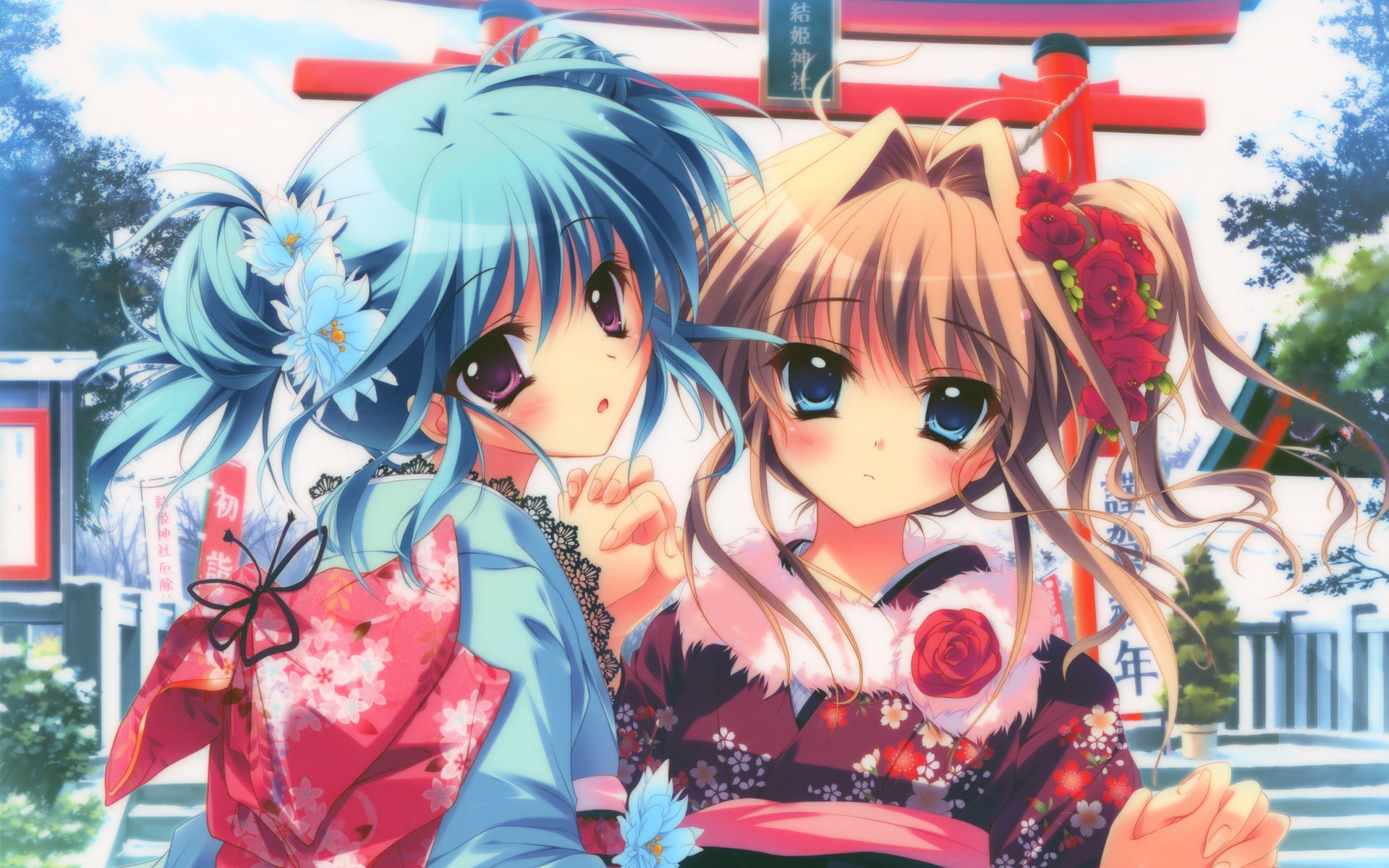 izumi tsubasu, sena airi, uryu sakuno, uryuu sakuno, mashiroiro symphony, highres, non-web source, 2girls, alternate hairstyle, double bun, flower, hair bun, hair flower, hair intakes, hair ornament, holding hands, japanese clothes, kimono, multiple girls, new year, short twintails, torii, twintails