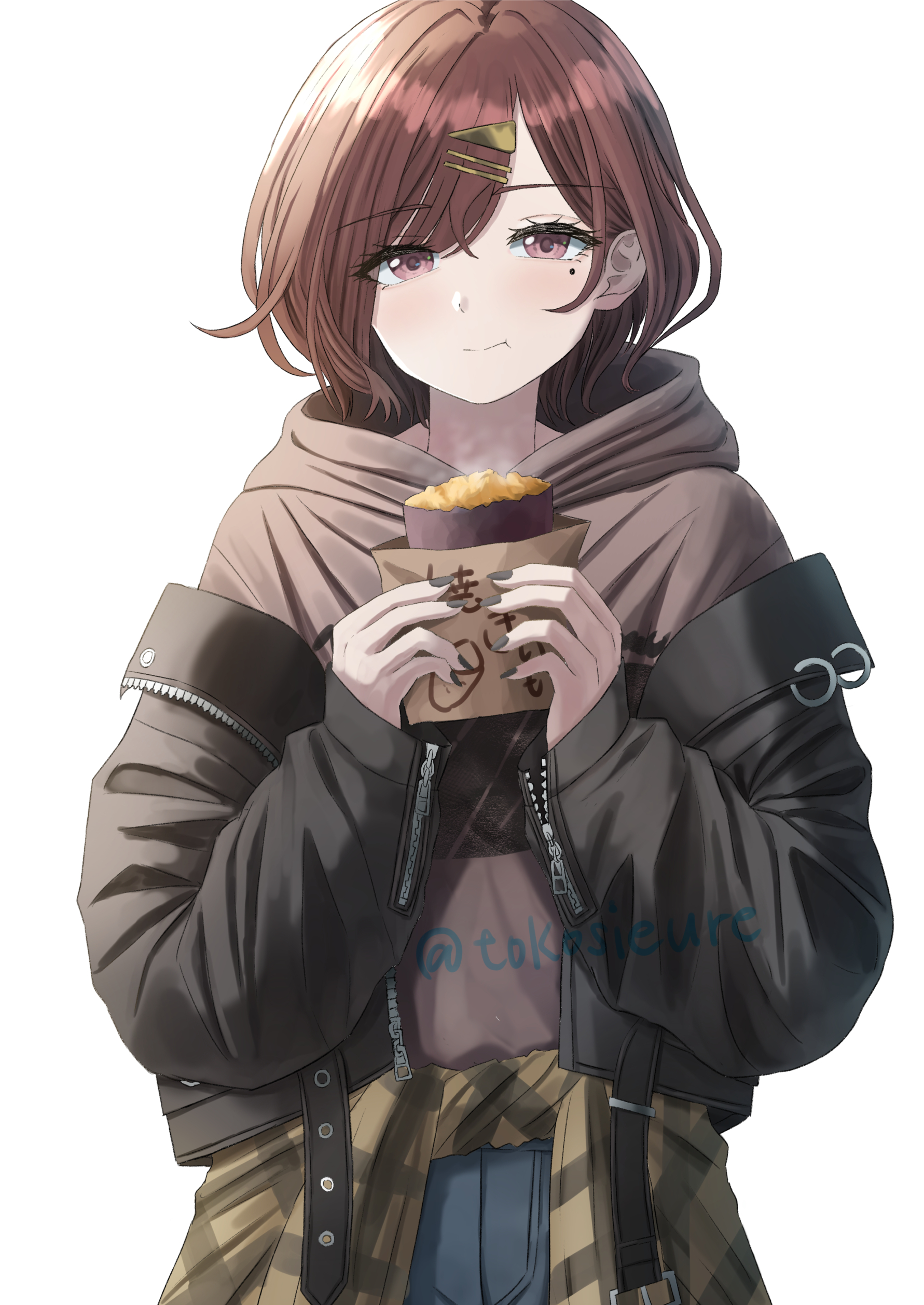 ritug36k, higuchi madoka, idolmaster, idolmaster shiny colors, absurdres, commentary request, highres, 1girl, black jacket, brown hair, brown hoodie, closed mouth, eating, food, grey nails, hair ornament, hairclip, hood, hood down, hoodie, jacket, looking at viewer, mole, mole under eye, nail polish, open mouth, purple eyes, roasted sweet potato, short hair, simple background, solo, sweet potato, white background