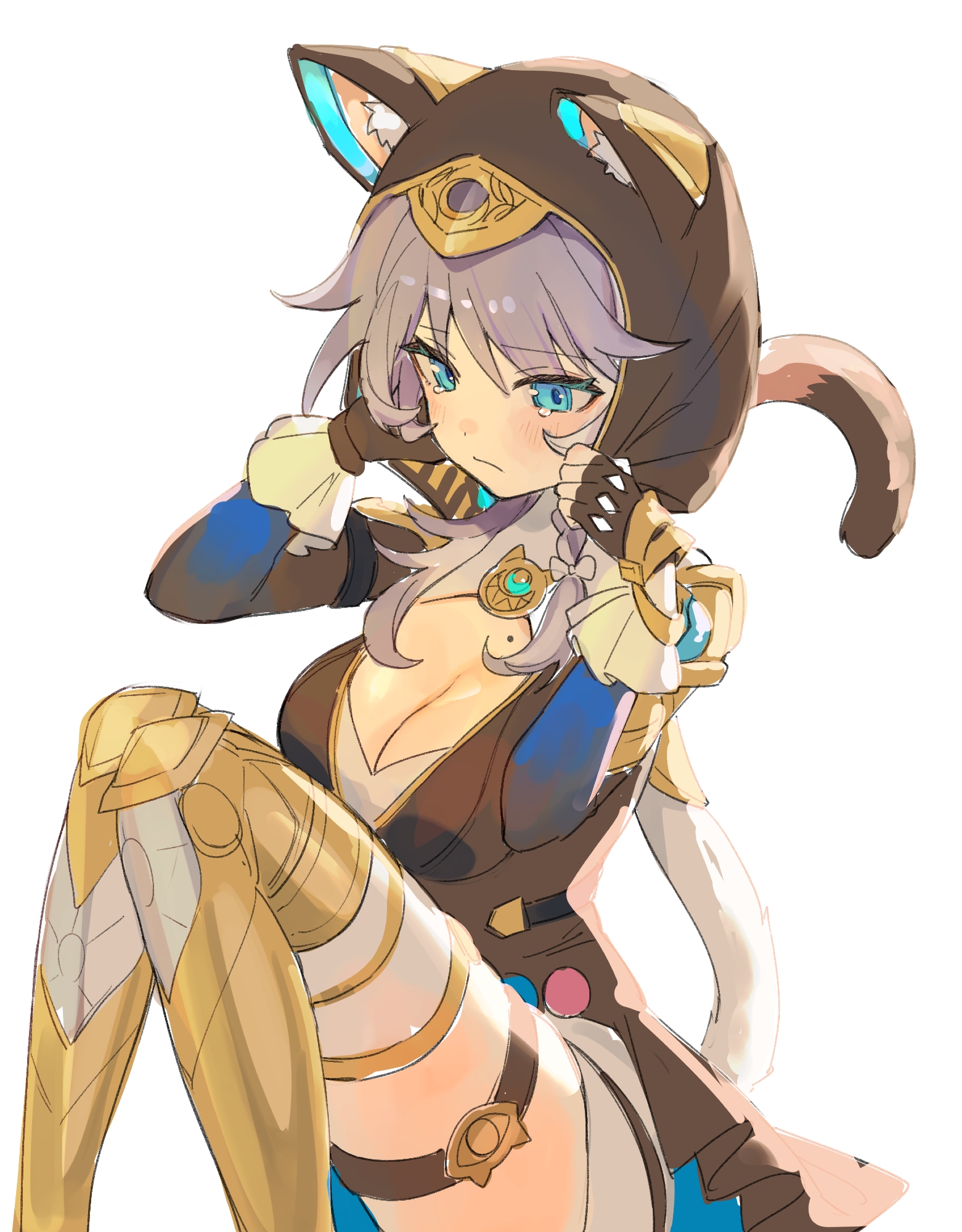 roena, cipher (honkai: star rail), honkai: star rail, honkai (series), highres, 1girl, animal ears, blue hair, blush, boots, bow, breasts, cat ears, cat girl, cat tail, cleavage, fingerless gloves, gloves, grey hair, knees together feet apart, leotard, medium breasts, mole, mole on breast, tail, tearing up, thigh boots, thigh strap, white background