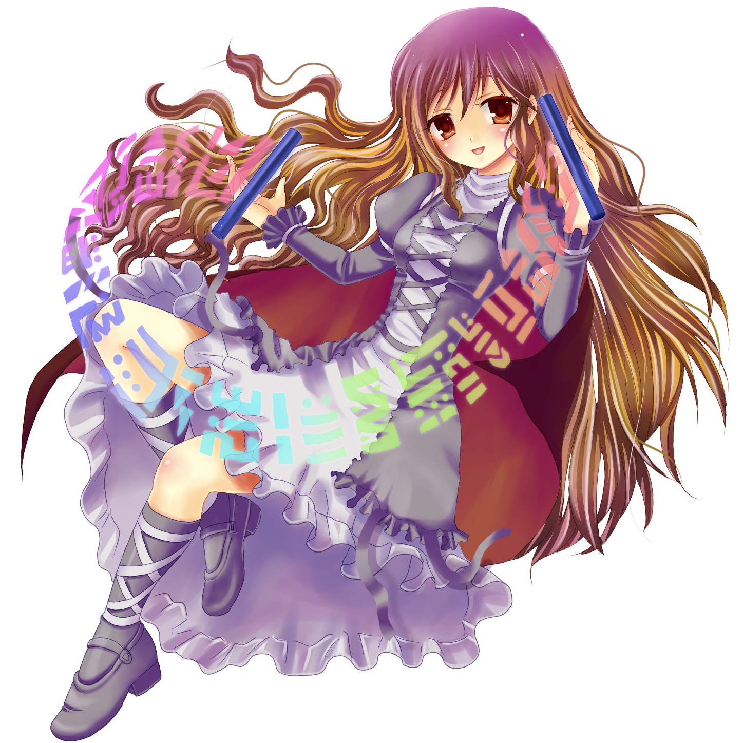 motatei, hijiri byakuren, touhou, bad id, bad pixiv id, highres, 1girl, cape, dress, female focus, full body, gradient hair, long hair, multicolored hair, scroll, solo, sorcerer's sutra scroll, transparent background, yellow eyes