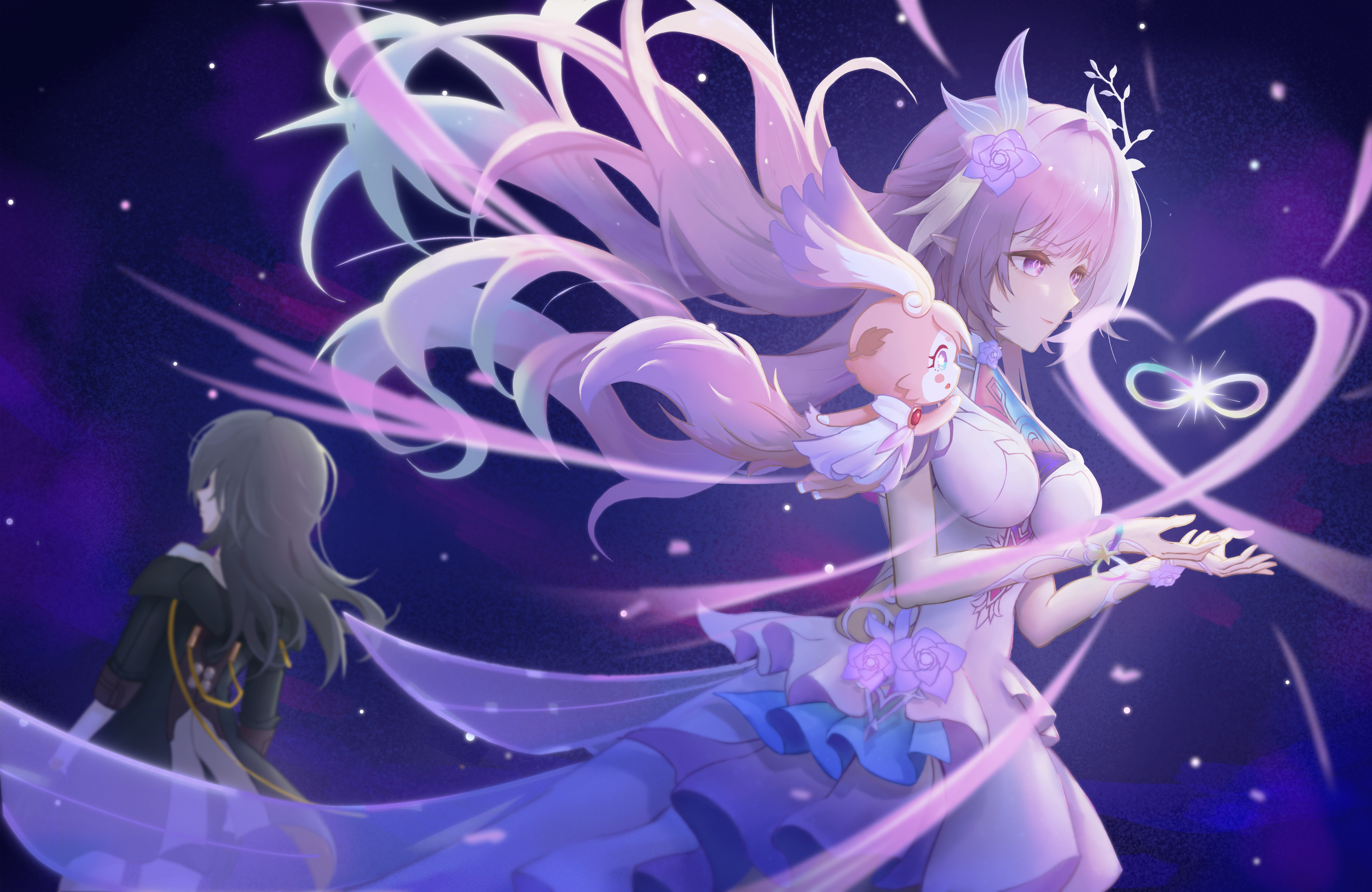 cyrene (demiurge) (honkai: star rail), cyrene (honkai: star rail), mem (honkai: star rail), stelle (honkai: star rail), trailblazer (honkai: star rail), honkai: star rail, honkai (series), absurdres, commentary request, highres, + +, 2girls, amphoreus (honkai: star rail), aqua hair, black coat, breasts, coat, dress, flower, grey hair, hair flower, hair ornament, large breasts, long hair, mobius strip, multiple girls, very long hair, wennuan xiao te, white dress