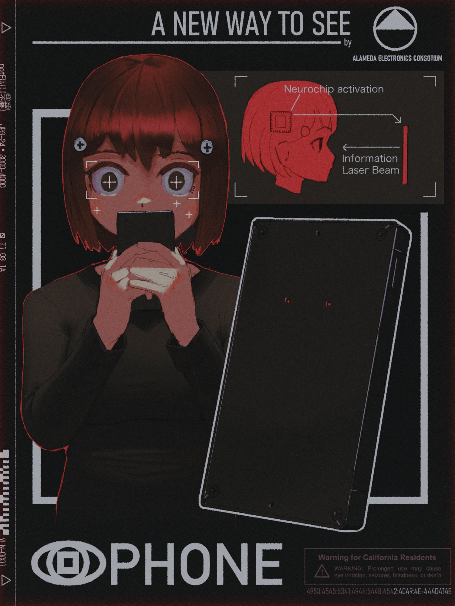 notfuji, original, highres, 1girl, artist name, black background, black sweater, bob cut, border, brand name imitation, brown hair, cellphone, cyberpunk, cyborg, dark background, diagram, english text, fake ad, film grain, holding, holding phone, long sleeves, looking at phone, meme, multiple views, neuron activation (meme), outline, outside border, phone, pun, red outline, satire, science fiction, short hair, sweater, upper body, white border, white outline, x-ray