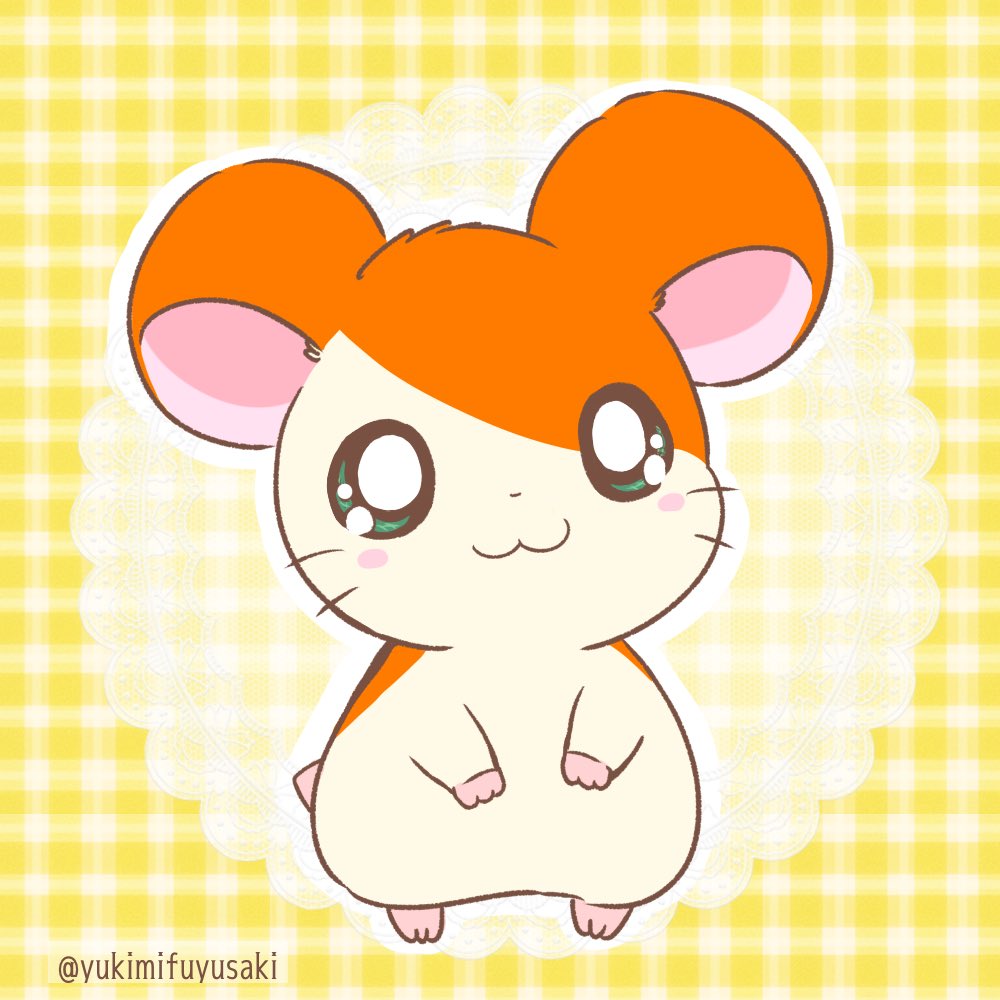 yukimifuyusaki, hamtaro, hamtaro (series), commentary request, :3, animal, animal focus, aqua eyes, artist name, blush stickers, doily, full body, gingham background, hamster, looking at viewer, no humans, outline, solo, standing, whiskers, white outline