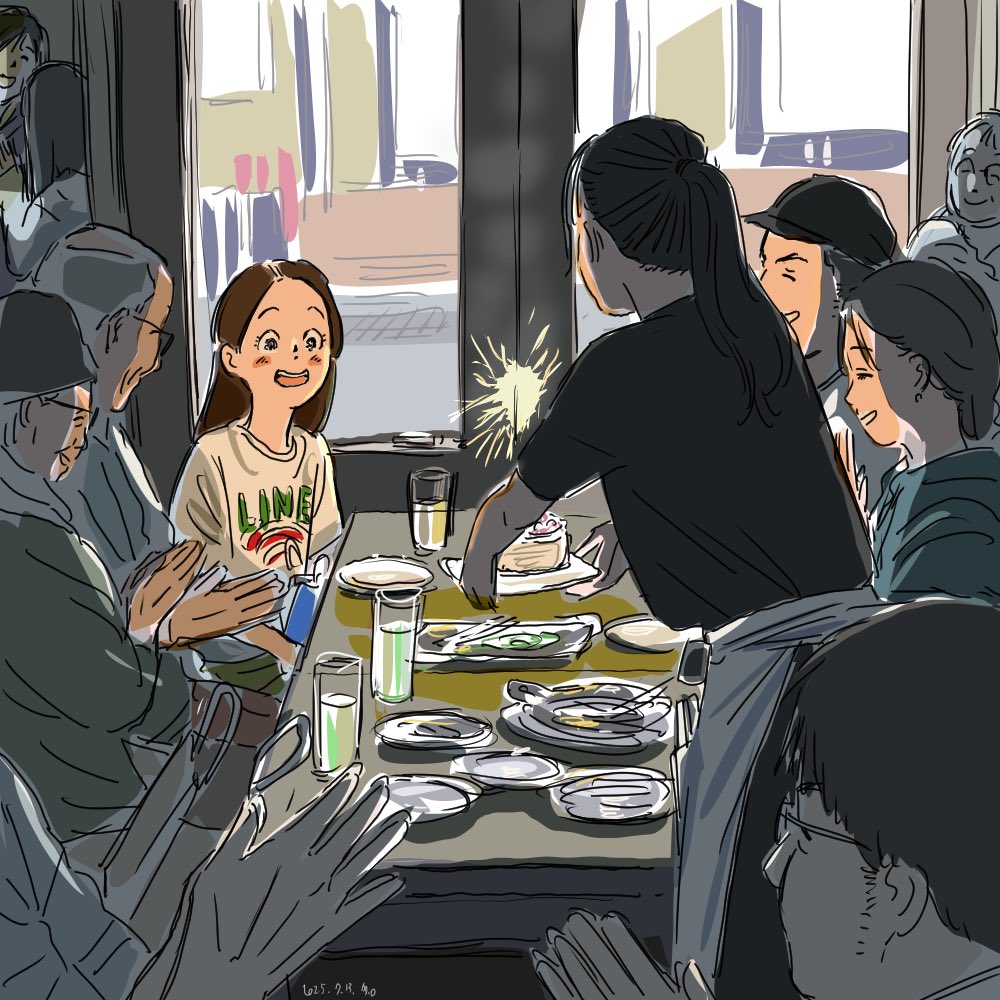 dmohashi, original, commentary, symbol-only commentary, 5girls, 6+boys, apron, bag, birthday, birthday cake, birthday party, black hair, black hat, black shirt, brown hair, cake, cake slice, cup, dated, drinking glass, fireworks, food, glasses, hat, indoors, long hair, multiple boys, multiple girls, open mouth, parted hair, plate, ponytail, print shirt, restaurant, shirt, short hair, sparkler, table, waitress