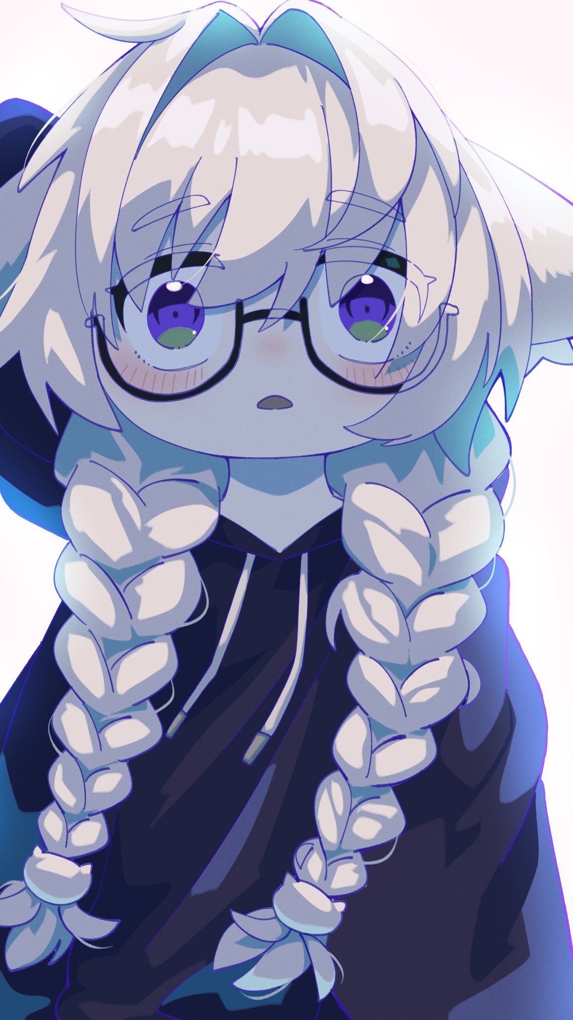 voyagetea, vrchat, commentary, highres, symbol-only commentary, 1girl, backlighting, black hoodie, blonde hair, blush, braid, drawstring, ears down, glasses, green eyes, hair intakes, hair over shoulder, hood, hood down, hoodie, looking at viewer, low twin braids, no nose, open mouth, semi-rimless eyewear, simple background, solo, twin braids, white background