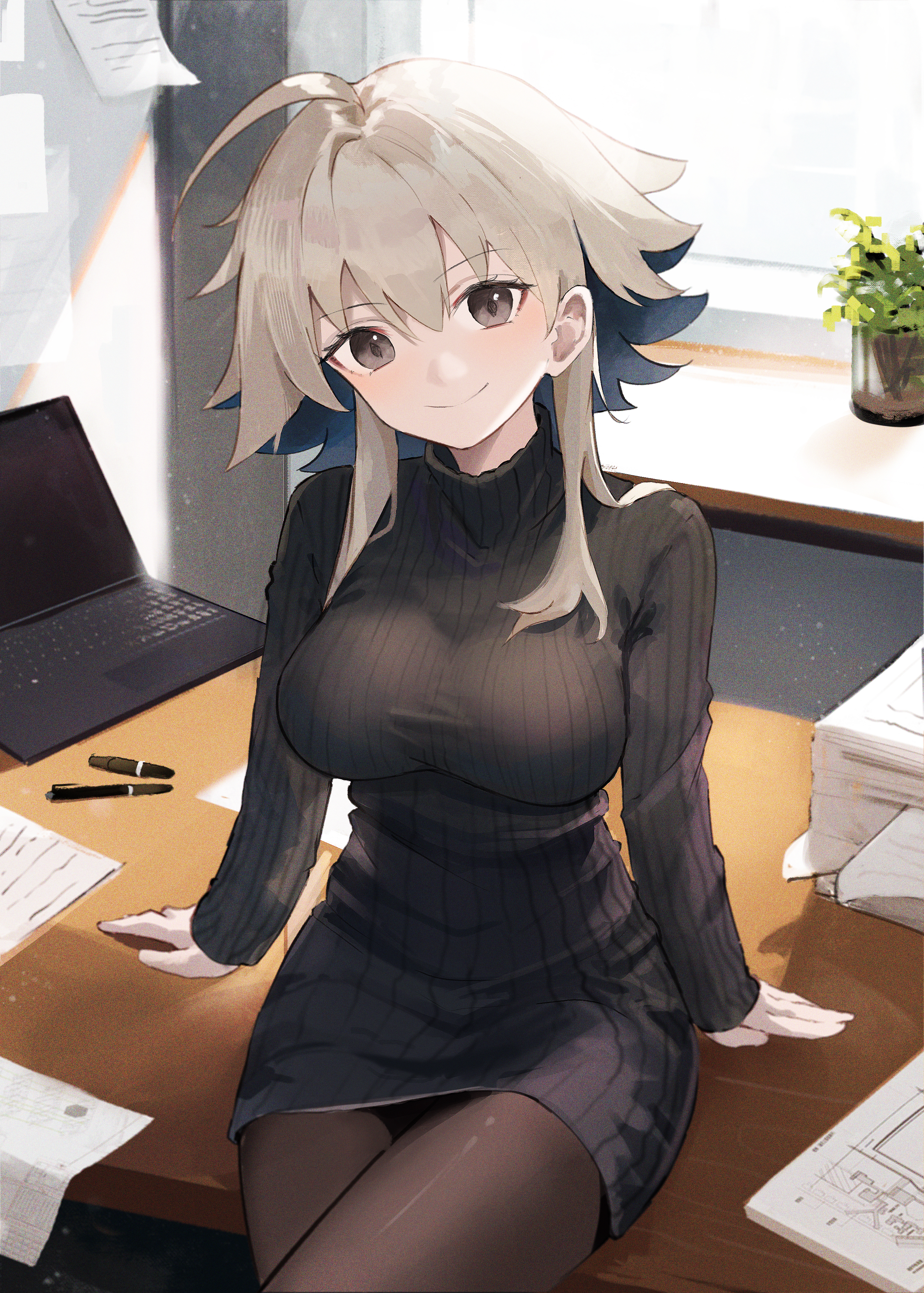 ema (kuguiema), mayer (arknights), arknights, absurdres, bilingual commentary, commentary, highres, mixed-language commentary, 1girl, ahoge, black eyes, black pantyhose, black sweater, breasts, closed mouth, computer, cowboy shot, desk, grey hair, hair between eyes, laptop, light particles, long sleeves, looking at viewer, medium breasts, pantyhose, paper, paper stack, pen, plant, potted plant, ribbed sweater, short hair with long locks, sidelocks, sitting, smile, solo, stretched shirt, sunlight, sweater, turtleneck, turtleneck sweater, window