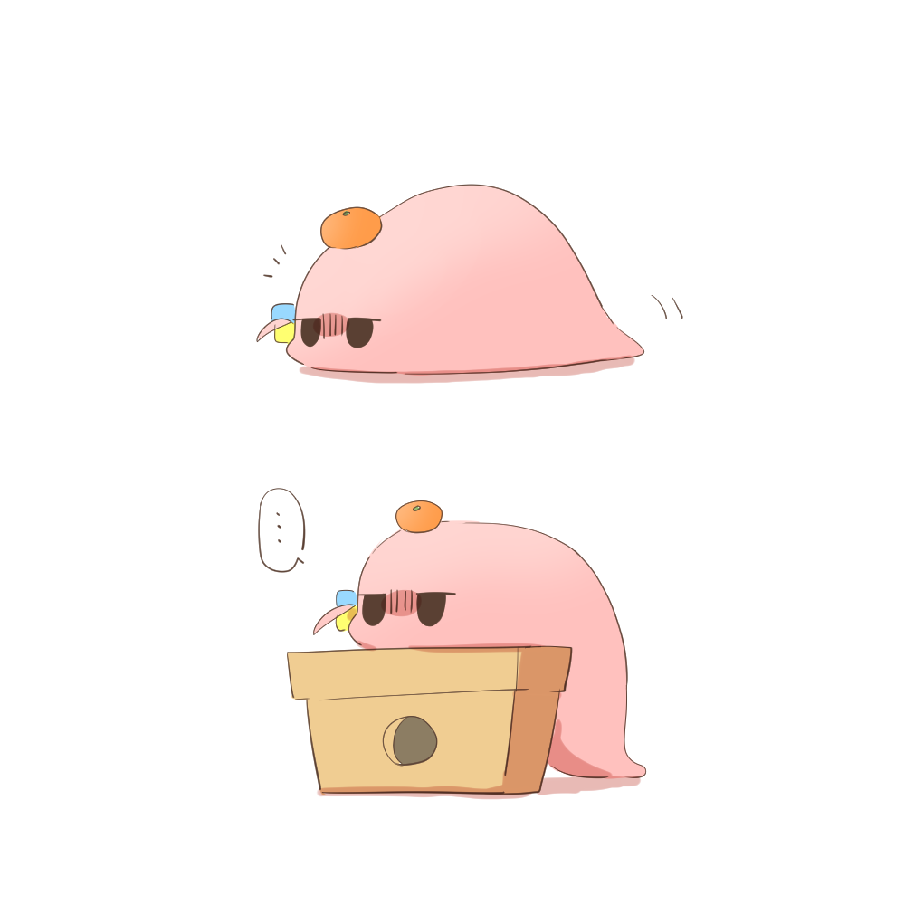 rebecca (keinelove), gotoh hitori, gotoh hitori (tsuchinoko), bocchi the rock!, commentary request, …, cube hair ornament, food, food on head, fruit, fruit on head, hair ornament, jitome, mandarin orange, no humans, object on head, simple background, spoken ellipsis, white background