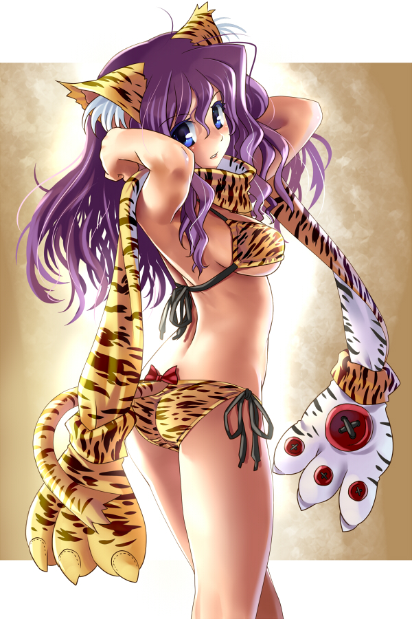 katahira masashi, original, 1girl, animal ears, animal hands, animal print, ass, bikini, blue eyes, female focus, long hair, looking back, purple hair, scarf, side-tie bikini bottom, solo, swimsuit, tiger ears, tiger print, yellow bikini