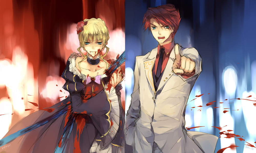 ritz dd, skyfly17, beatrice (umineko), ushiromiya battler, umineko no naku koro ni, 00s, 1boy, 1girl, angry, blonde hair, blood, blue background, blue eyes, bow, choker, collarbone, formal clothes, injury, necktie, pink bow, red background, red hair, short hair, suit