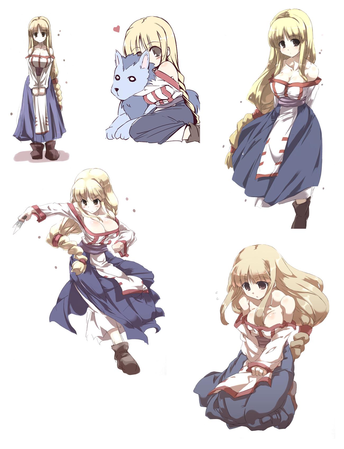 tokyo (great akuta), lieza (arc the lad), arc the lad, arc the lad ii, highres, bare shoulders, blonde hair, boots, braid, breasts, brown eyes, cleavage, collage, dress, heart, knife, large breasts, long hair, low-tied long hair, o o, wolf
