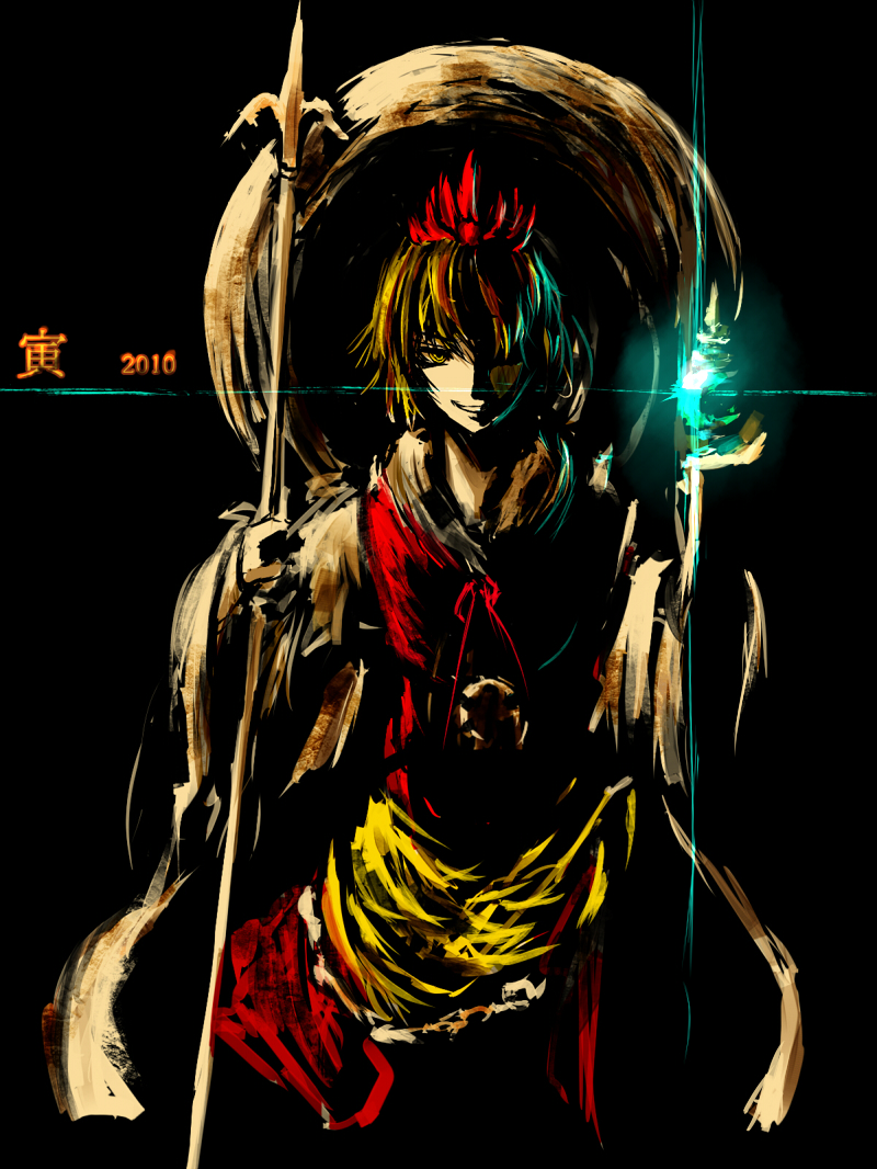 violence kumahina, toramaru shou, touhou, bad id, bad pixiv id, 1girl, bishamonten's pagoda, dark, female focus, glint, polearm, shadow, smile, solo, spear, weapon