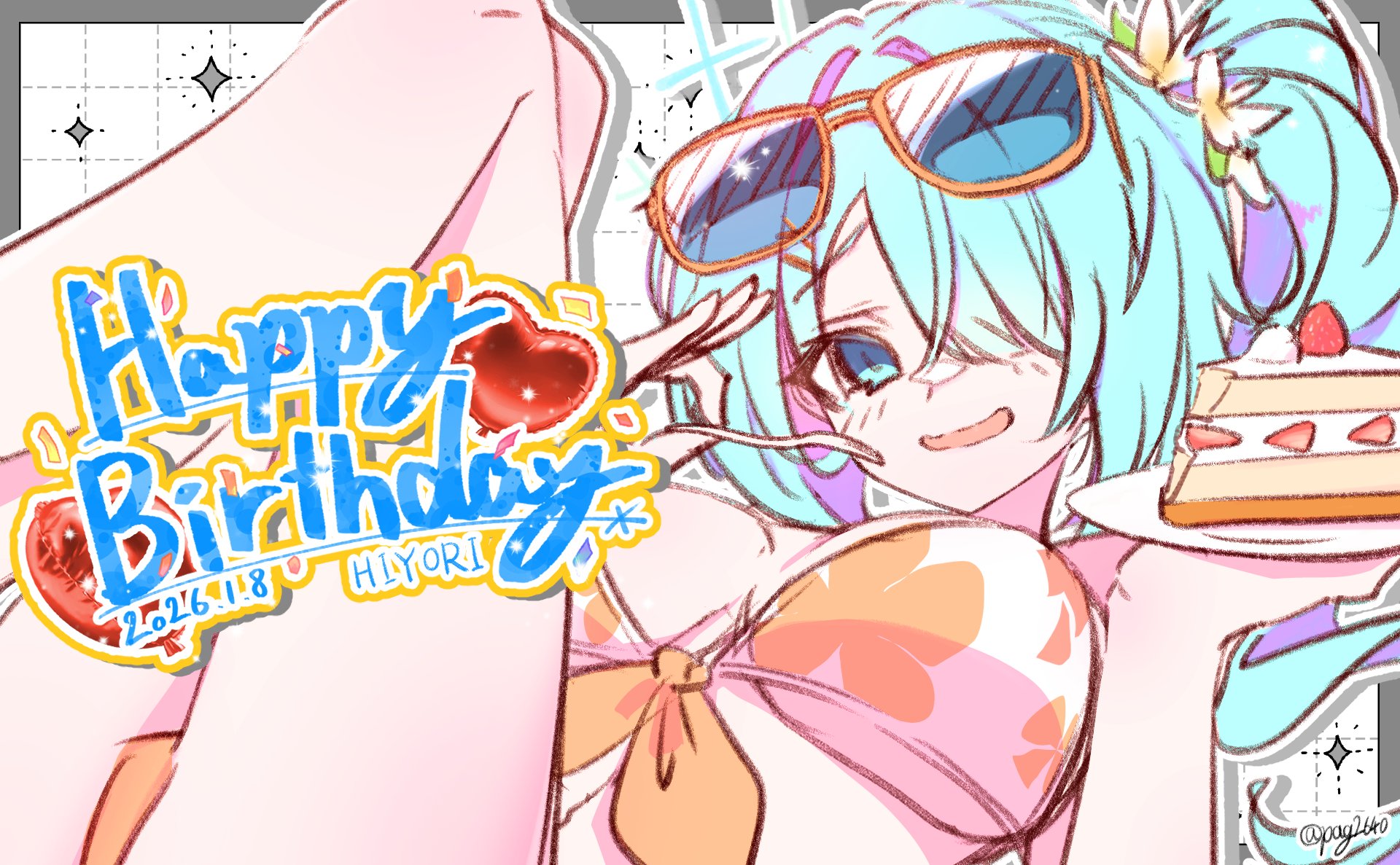 pag2640, hiyori (blue archive), hiyori (swimsuit) (blue archive), blue archive, commentary request, highres, 1girl, aqua eyes, aqua hair, bikini, breasts, cake, cake slice, eyewear on head, floral print, floral print bikini, flower, food, hair flower, hair ornament, hair over one eye, happy birthday, large breasts, long hair, looking at viewer, official alternate costume, orange bikini, print bikini, side ponytail, solo, strawberry cake, sunglasses, swimsuit, thighs