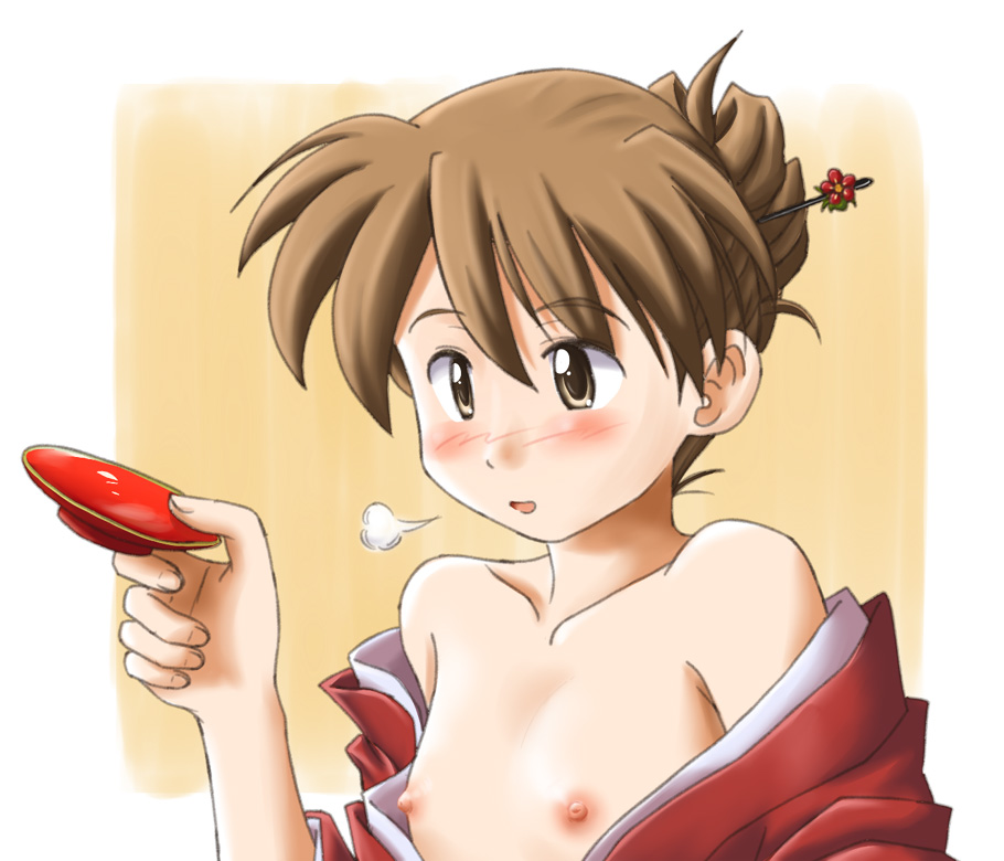 lielos, poniko (lielos), original, 1girl, bare shoulders, blush, breath, brown eyes, brown hair, drunk, female focus, flat chest, hair ornament, japanese clothes, kimono, nipples, open clothes, open kimono, solo