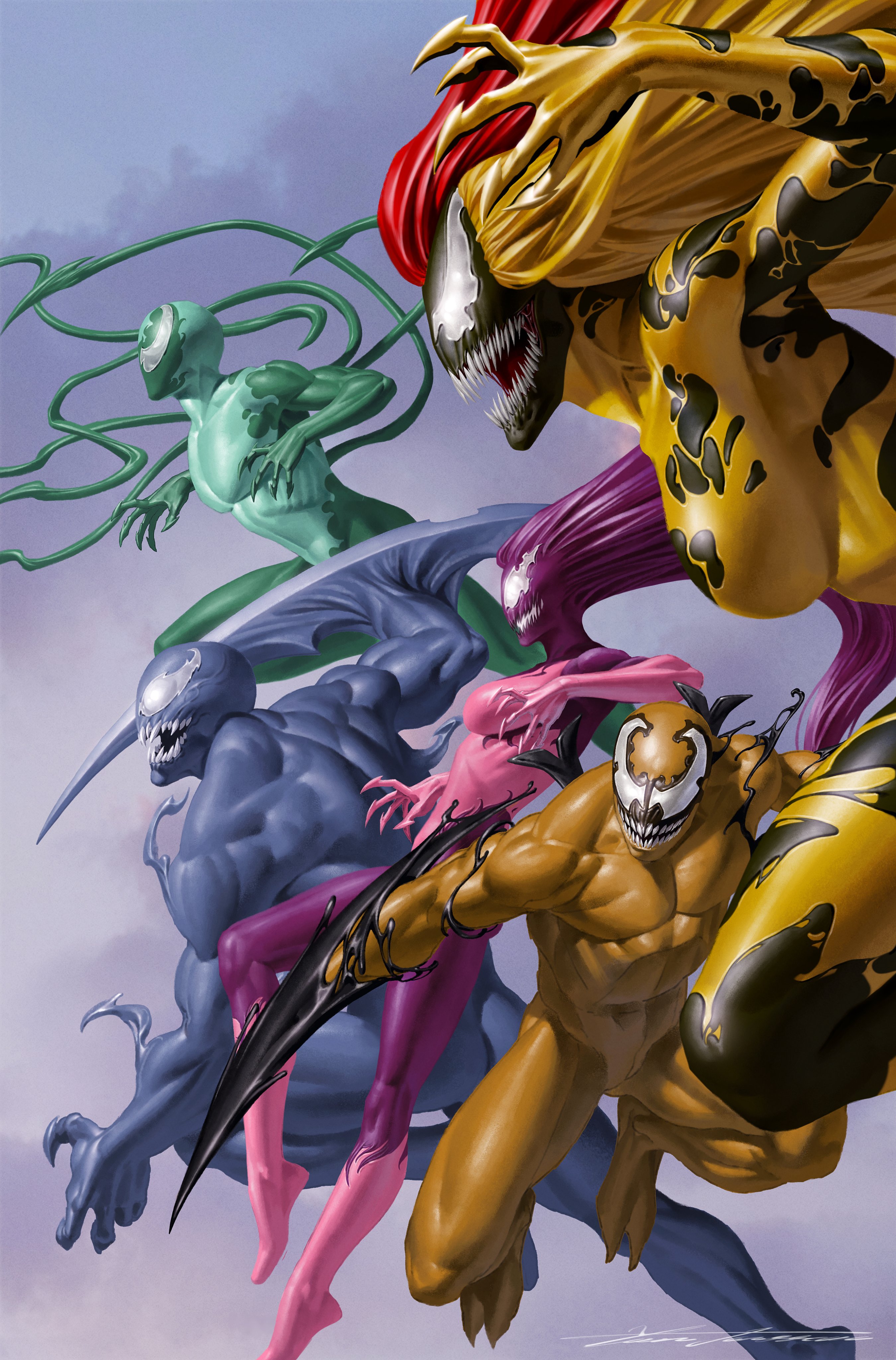 yoon junggeun, agony (marvel), lasher (marvel), phage (marvel), riot (marvel), scream (marvel), marvel, absurdres, comic cover, commentary, english commentary, highres, official art, 2girls, 3boys, aqua skin, blue skin, colored skin, covered abs, covered pectorals, gradient background, grey background, long hair, monster boy, monster girl, multiple boys, multiple girls, muscular, muscular male, no pupils, open mouth, pectorals, purple skin, sharp teeth, signature, slime boy, slime girl, symbiote, teeth, tendril, yellow skin