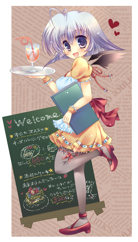 kage no utage, camyu, utawarerumono, silver hair, 00s, 1girl, antenna hair, black wings, bow, cocktail, female focus, heart, high heels, shoes, solo, thighhighs, waitress, wings