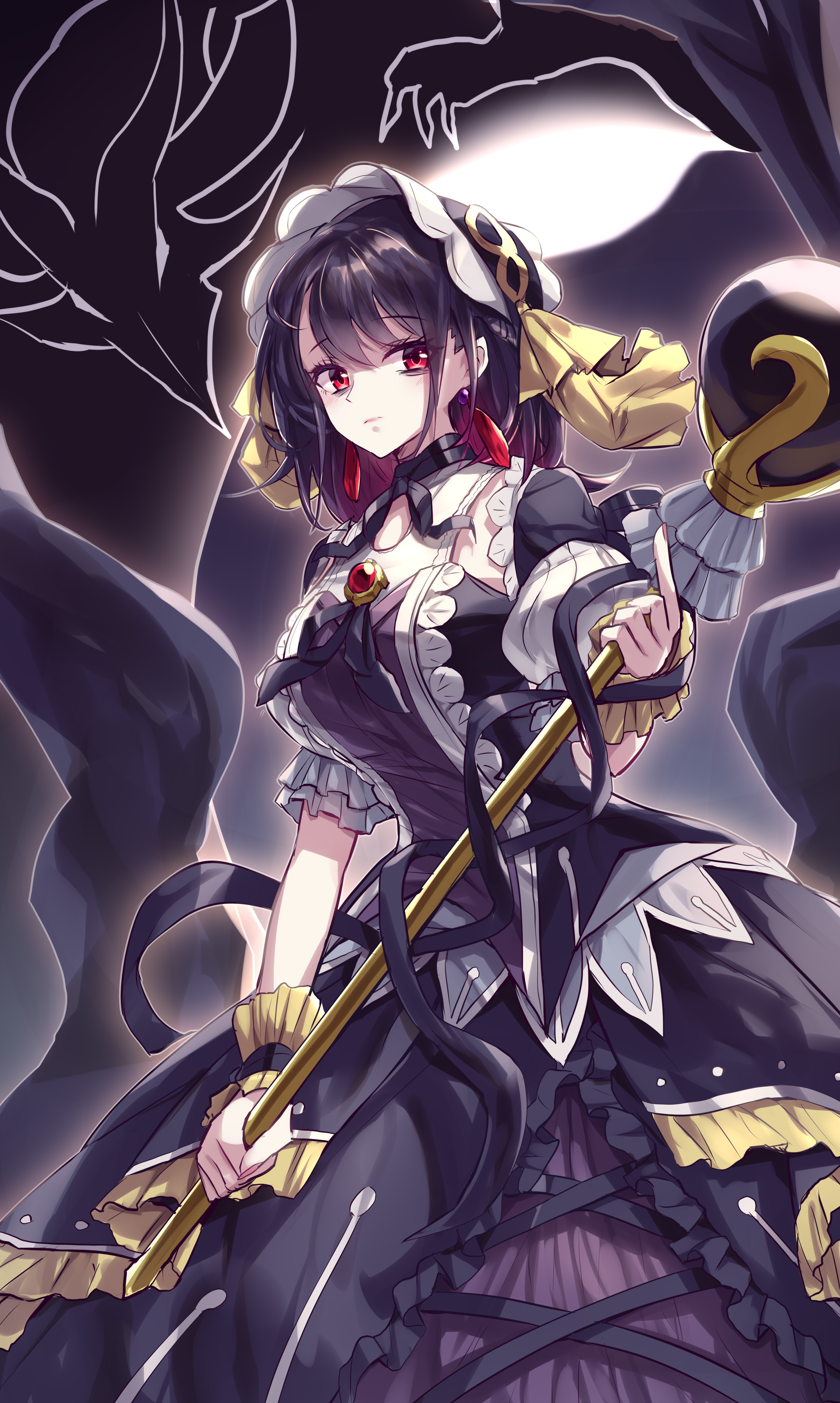 kanzakietc, underworld goddess of the closed world, yu-gi-oh!, absurdres, commentary request, highres, 1girl, black background, black hair, breasts, closed mouth, duel monster, earrings, fingernails, frilled sleeves, frills, gem, holding, holding scepter, jewelry, large breasts, looking at viewer, medium breasts, nail polish, red eyes, scepter, short hair, short sleeves, solo, upper body, wristband