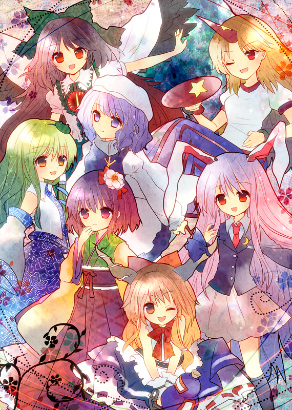 torii sumi, hieda no akyuu, hoshiguma yuugi, ibuki suika, kochiya sanae, letty whiterock, reisen udongein inaba, reiuji utsuho, touhou, 6+girls, animal ears, female focus, flower, hair flower, hair ornament, hat, horns, multiple girls, rabbit ears, single horn, skirt, wink