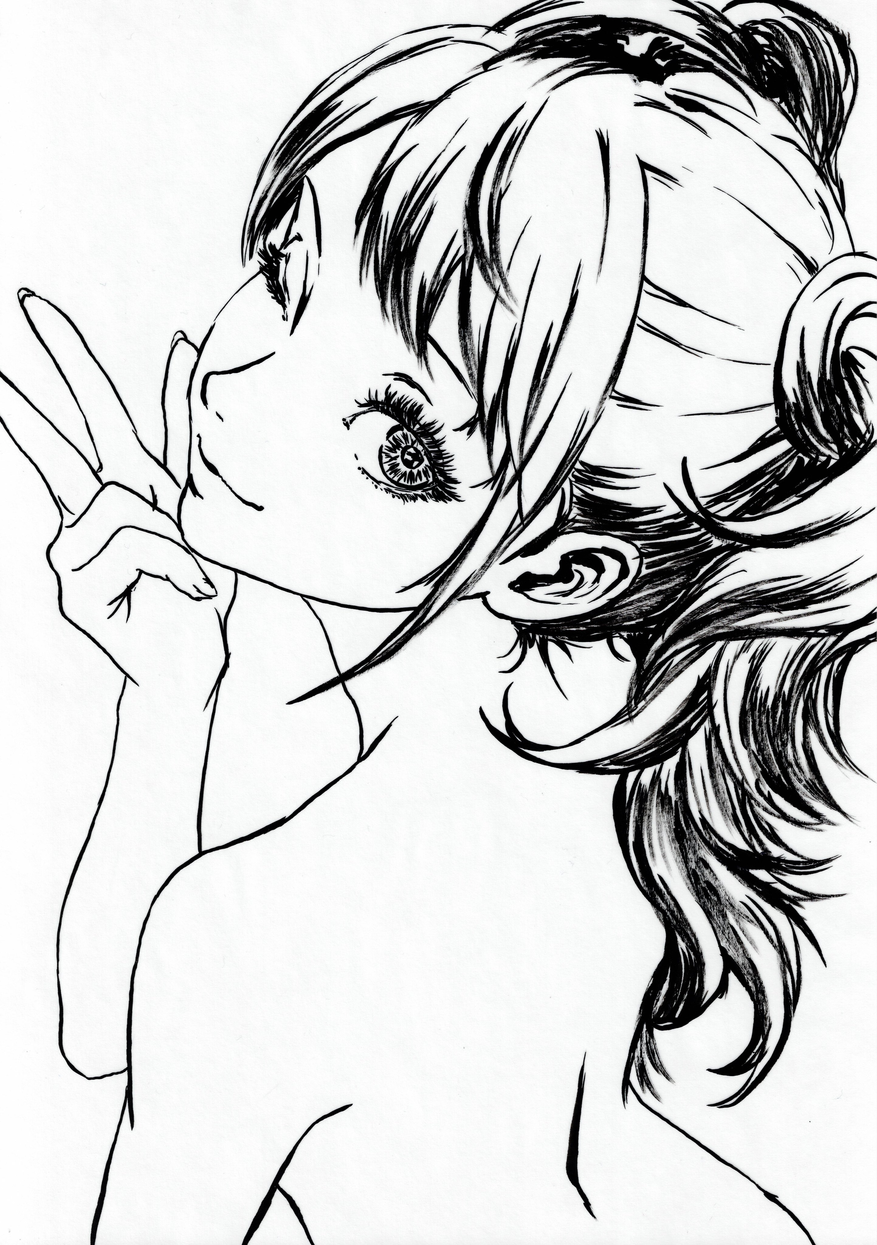 oeilvert fft, kujikawa rise, persona, persona 4, persona 4: dancing all night, persona dancing, absurdres, highres, back, bare shoulders, brown eyes, brown hair, completely nude, facing away, long hair, looking at viewer, monochrome, naughty face, nude, portrait, simple background, twintails, v