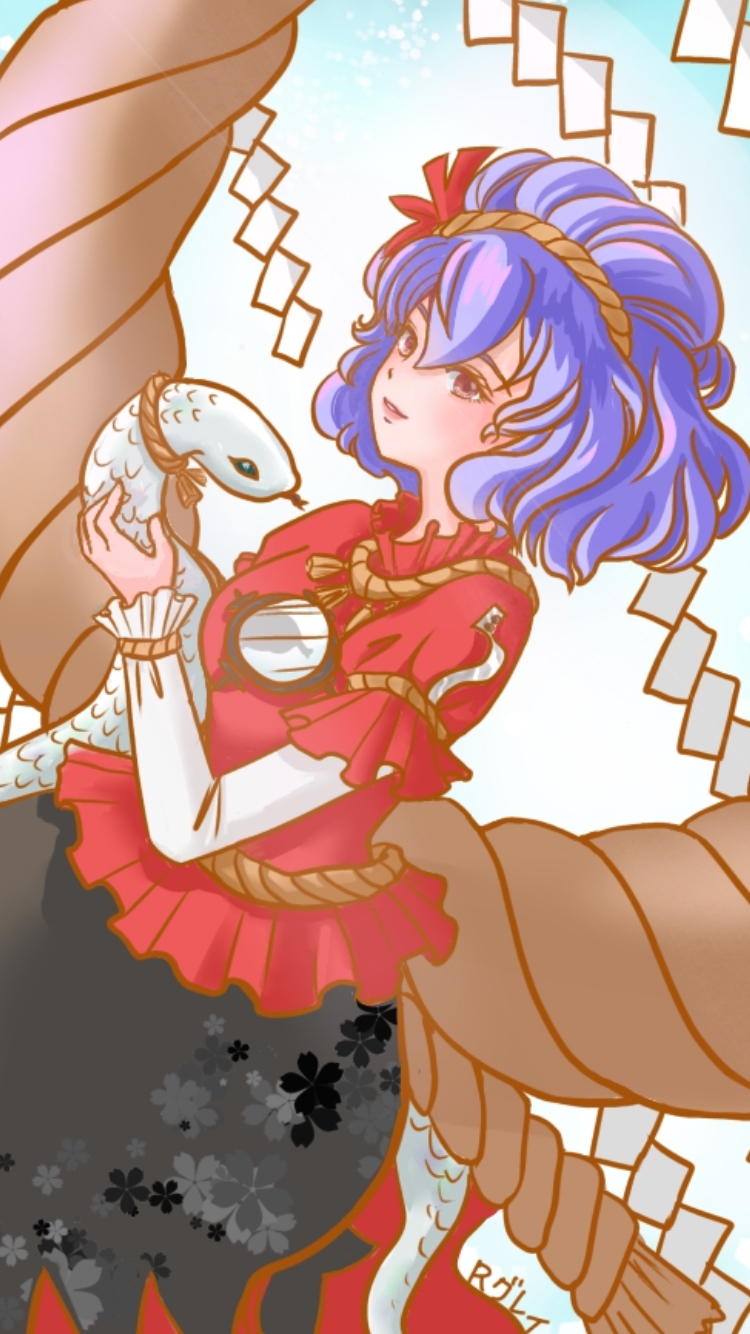 yasaka kanako, touhou, commentary, highres, tagme, 1girl, animal, artist name, black dress, black skirt, blush, chinese zodiac, dress, floral print, frilled shirt, frills, layered sleeves, long sleeves, mirror, purple eyes, purple hair, red shirt, rgley, rope, shimenawa, shirt, short hair, short over long sleeves, short sleeves, skirt, snake, solo focus, white shirt, white snake, year of the snake