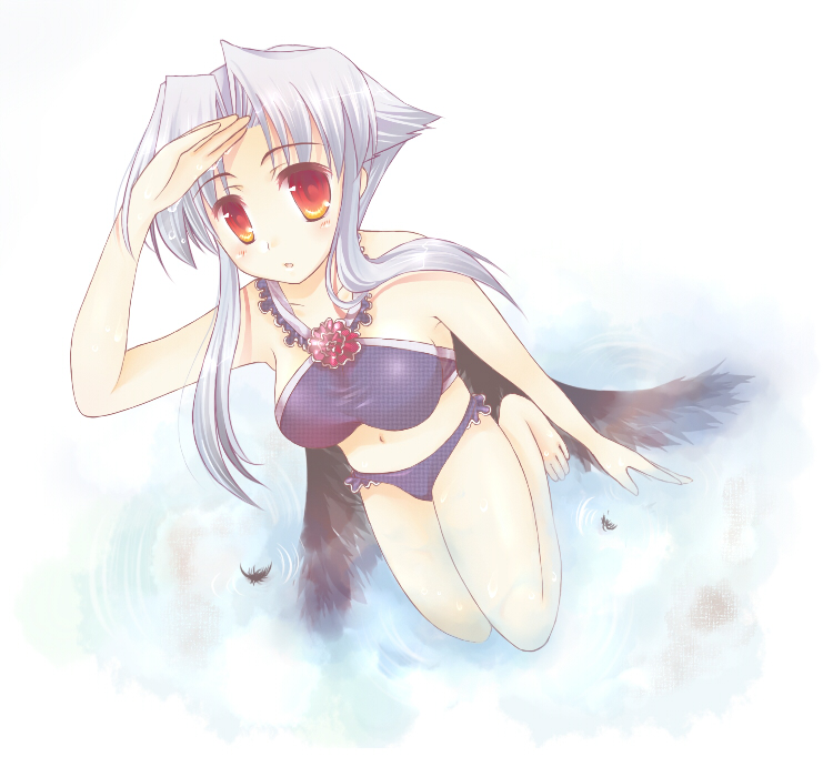 kage no utage, mutsumi (utawarerumono), utawarerumono, silver hair, 00s, 1girl, barefoot, bikini, black wings, female focus, red eyes, short hair, sidelocks, solo, swimsuit, water, wings