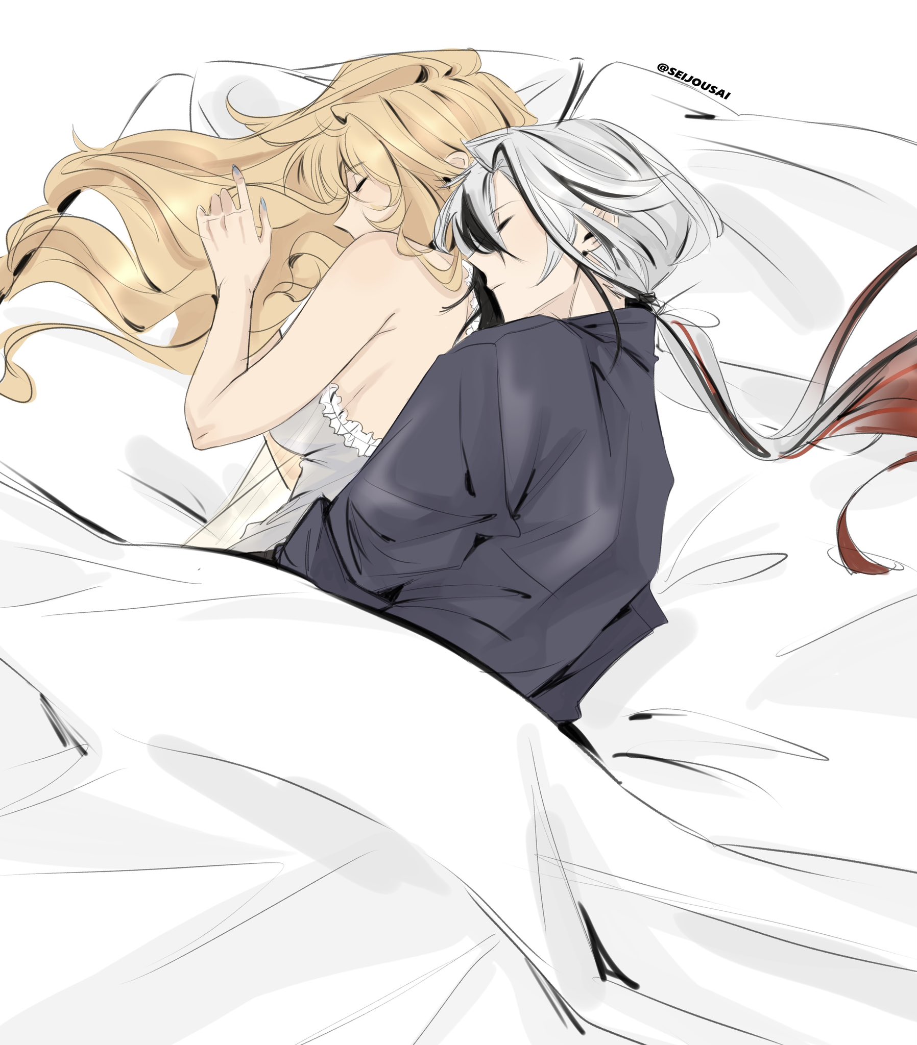 seijousai, arlecchino (genshin impact), navia (genshin impact), genshin impact, commentary, english commentary, highres, 2girls, bare arms, black shirt, black streaks, blonde hair, closed eyes, cuddling, gradient hair, grey hair, hug, hug from behind, long hair, multicolored hair, multiple girls, pillow, ponytail, red hair, shirt, sleeping, twitter username, under covers, white hair, yuri