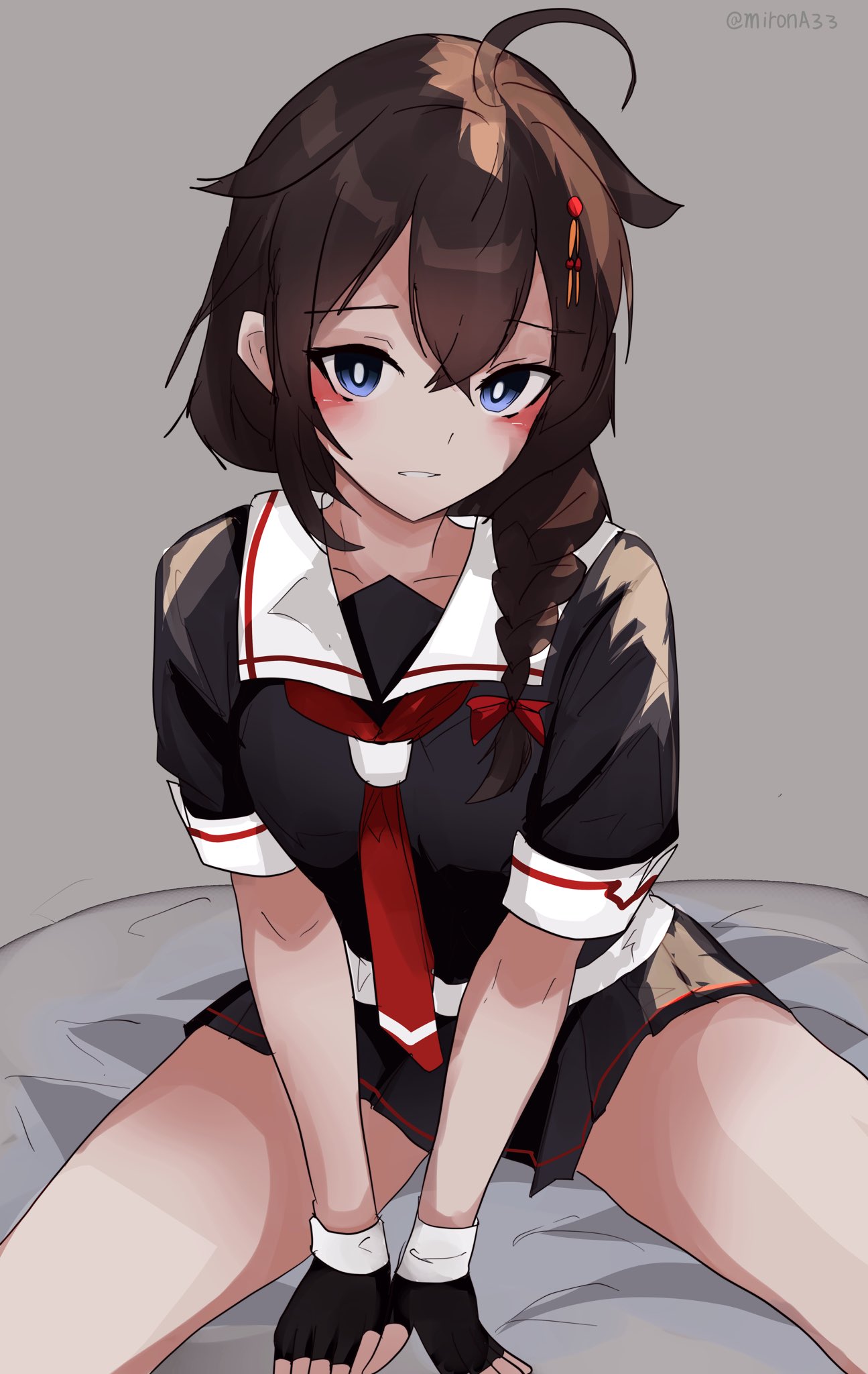 miron (mirona33), shigure (kancolle), shigure kai ni (kancolle), kantai collection, highres, 1girl, ahoge, black gloves, black hair, black serafuku, black shirt, black skirt, blue eyes, braid, fingerless gloves, gloves, grey background, hair flaps, hair over shoulder, long hair, neckerchief, pleated skirt, red neckerchief, sailor collar, school uniform, serafuku, shirt, short sleeves, simple background, single braid, sitting, skirt, solo, white sailor collar