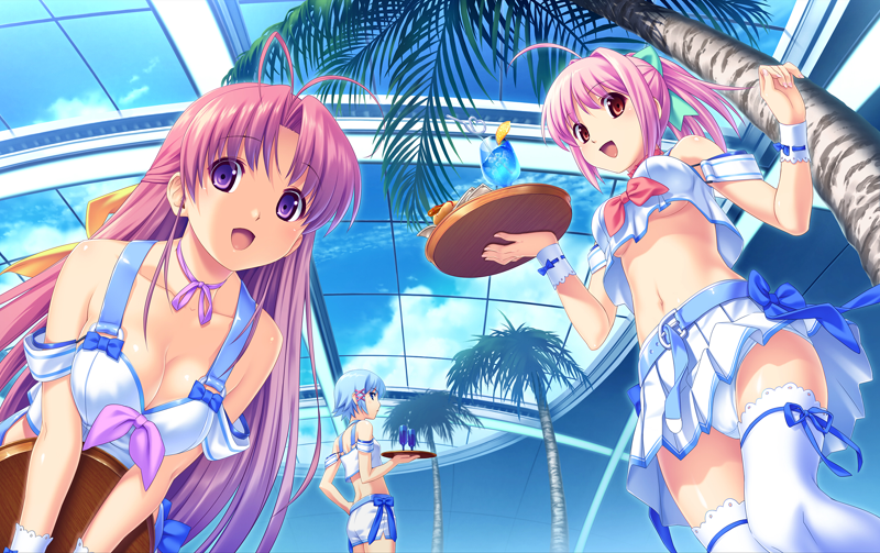 koutaro, aoi matsuri, himuro rikka, hinata hanabi, tropical kiss, game cg, 10s, 3girls, ahoge, antenna hair, belt, blue eyes, blue hair, breasts, choker, cleavage, drink, leaning forward, long hair, midriff, multiple girls, open mouth, palm tree, panties, pantyshot, pink hair, purple eyes, purple hair, red eyes, short hair, skirt, thighhighs, tray, tree, underboob, underwear, waitress
