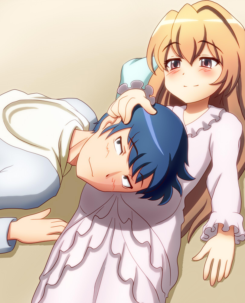 chunpai, aisaka taiga, takasu ryuuji, toradora!, 00s, 1boy, 1girl, blue hair, brown eyes, brown hair, couple, family bonding, good end, hetero, hood, hoodie, long hair, lying, nightgown, pregnant