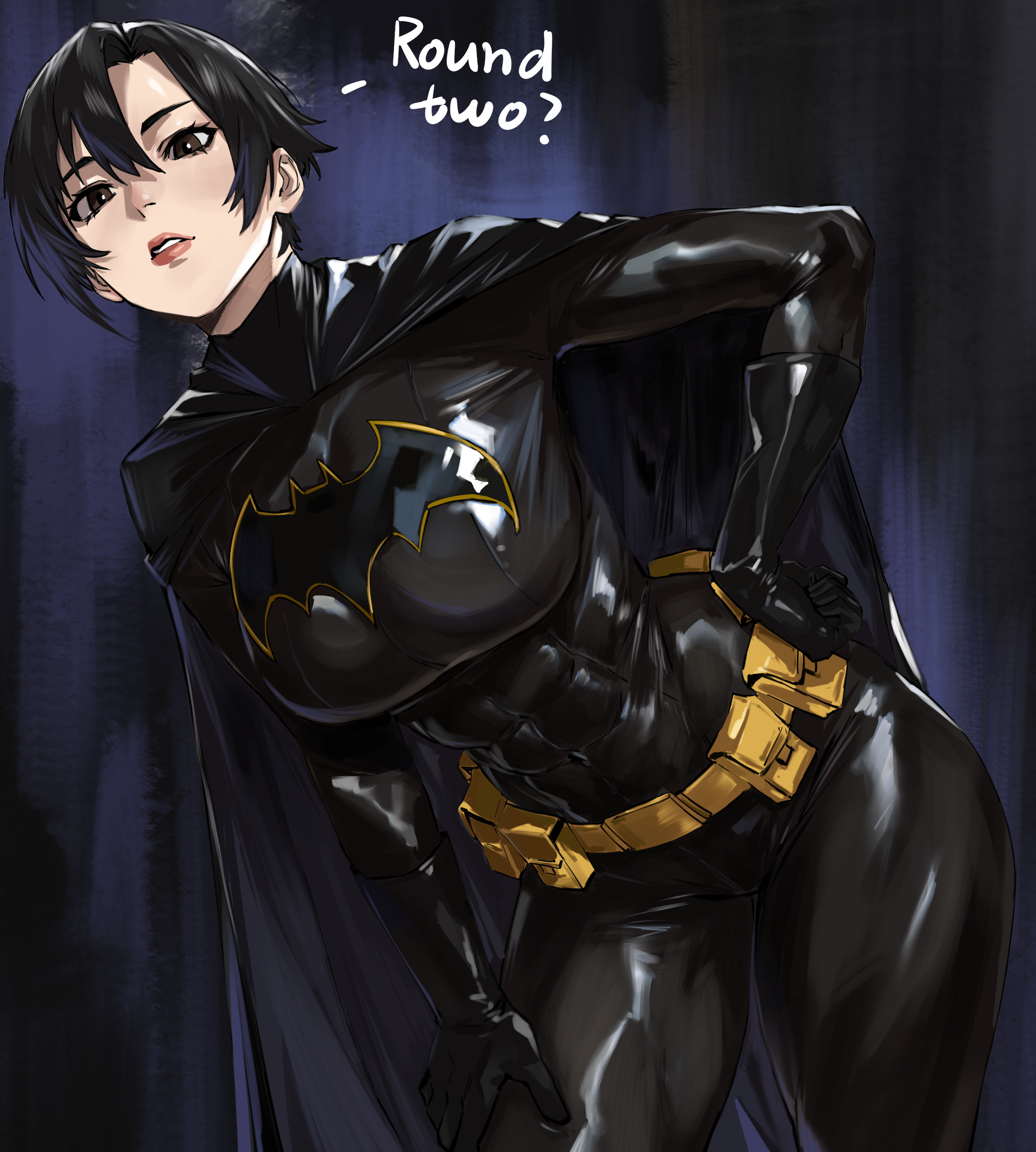 taiyang yu, batgirl, cassandra cain, batman (series), dc comics, absurdres, commentary request, highres, 1girl, abs, batman symbol, belt, black bodysuit, black cape, black eyes, black gloves, black hair, bodysuit, breasts, cape, english text, gloves, hair between eyes, large breasts, long sleeves, looking at viewer, parted lips, short hair, solo, superhero costume, yellow belt
