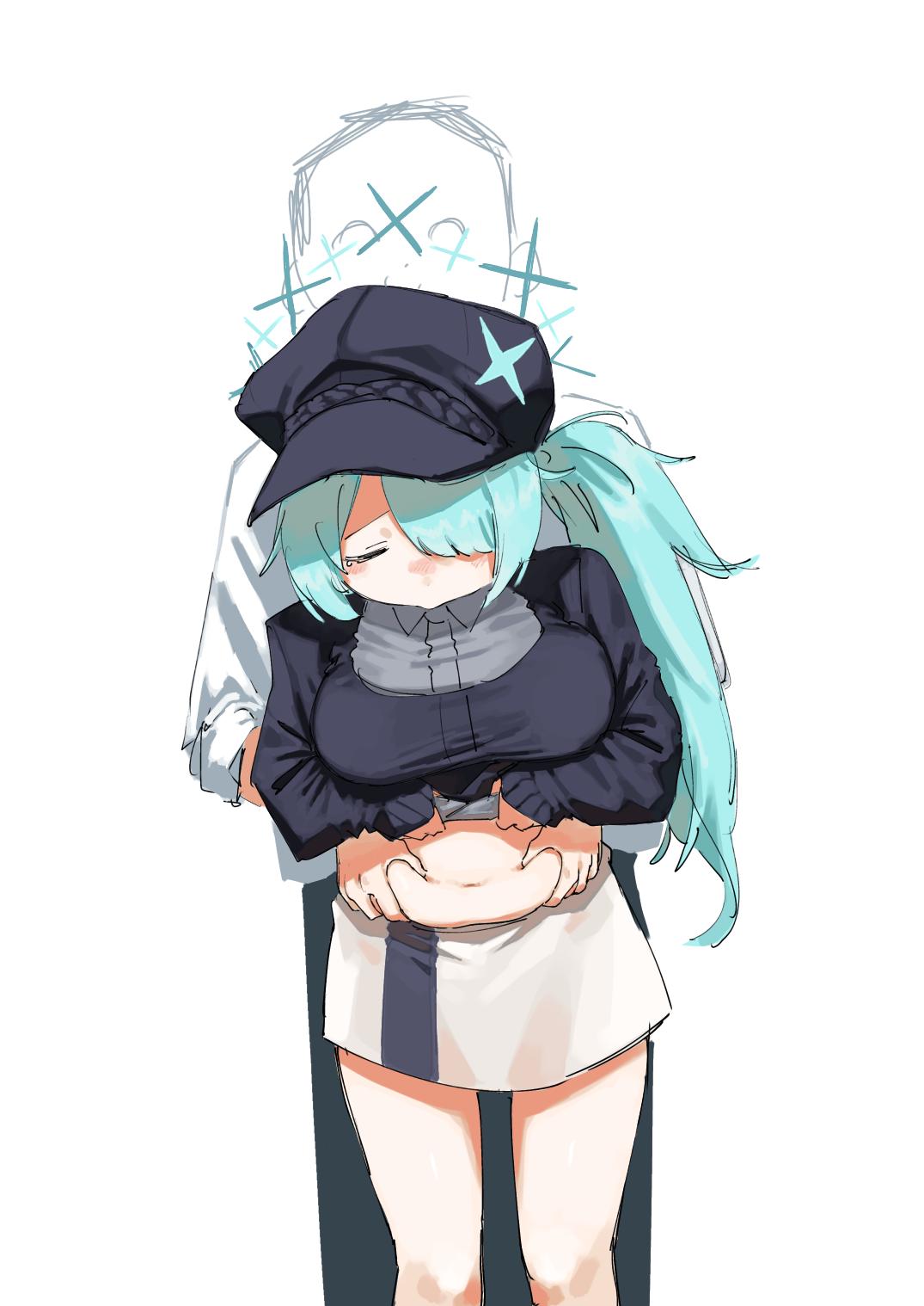 a (mitei7926), doodle sensei (blue archive), hiyori (blue archive), sensei (blue archive), blue archive, highres, 1boy, 1girl, aqua hair, black hat, breasts, closed eyes, clothes lift, cowboy shot, hair over one eye, halo, hat, lifting own clothes, long hair, long sleeves, navel, newsboy cap, shirt lift, side ponytail, simple background, single tear, skirt, squeezing, stomach, white background, white skirt