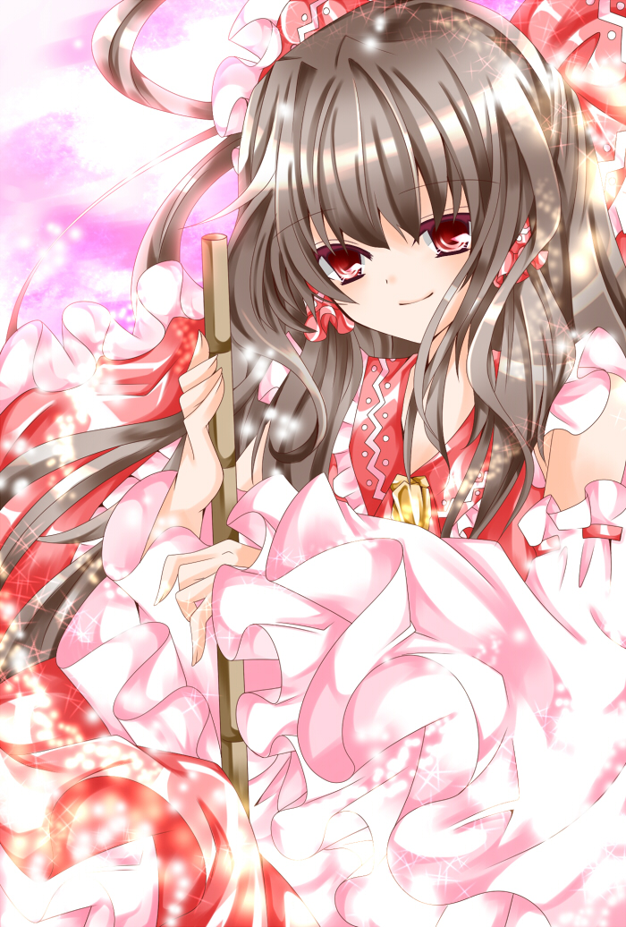 nanase nao, hakurei reimu, touhou, bad id, bad pixiv id, 1girl, bow, brown hair, detached sleeves, female focus, gradient background, hair bow, japanese clothes, long hair, miko, red eyes, solo, white background
