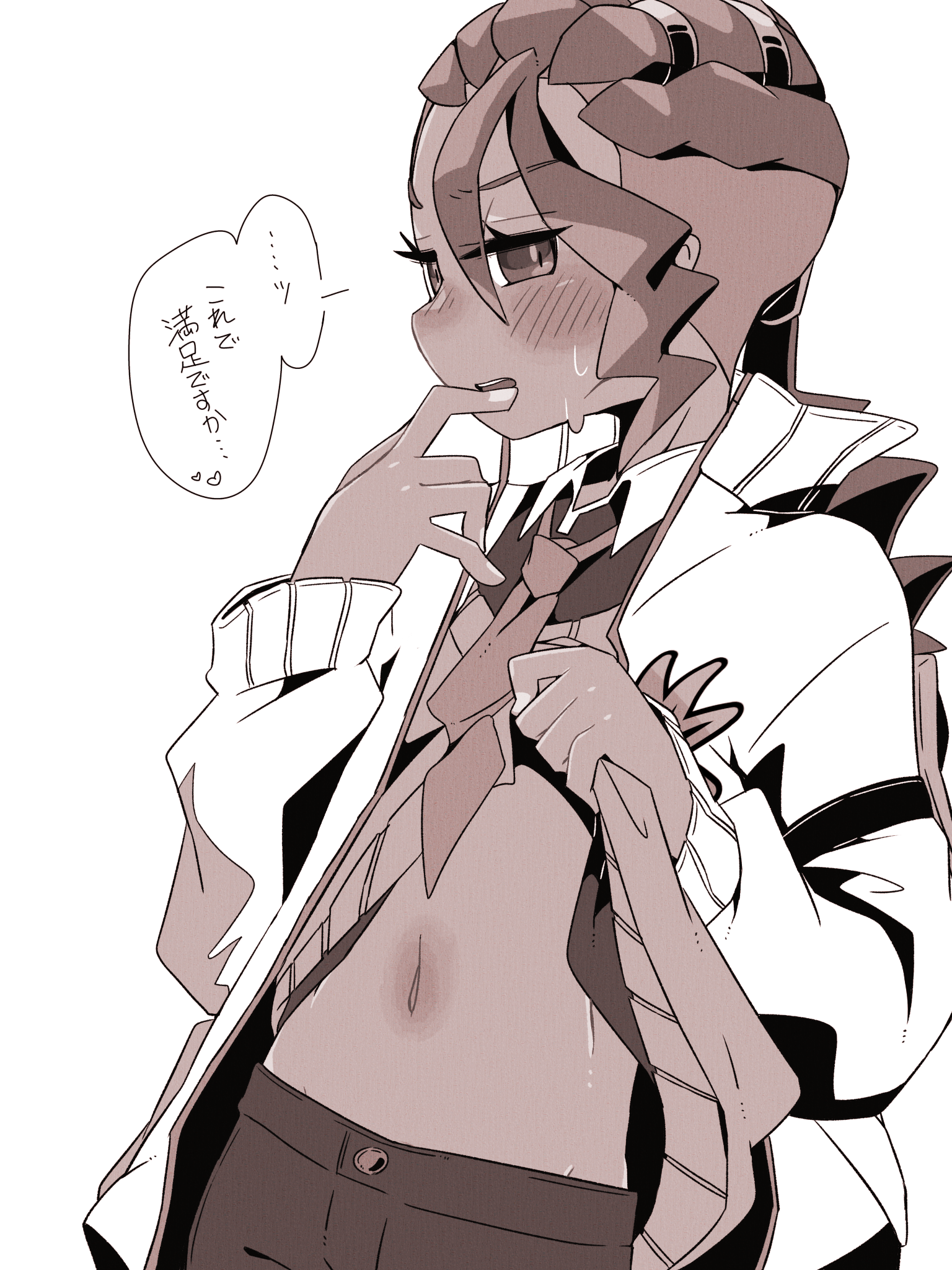 maru (hachi 47923), naveen (pokemon), nintendo, pokemon, pokemon legends: z-a, highres, translation request, 1boy, blush, clothes lift, collared shirt, dark-skinned male, dark skin, finger to mouth, jacket, lifting own clothes, long sleeves, male focus, midriff, monochrome, navel, necktie, nose blush, open clothes, open jacket, pants, shirt, shirt lift, solo, sweat, sweater vest, sweater vest lift, upper body, white background