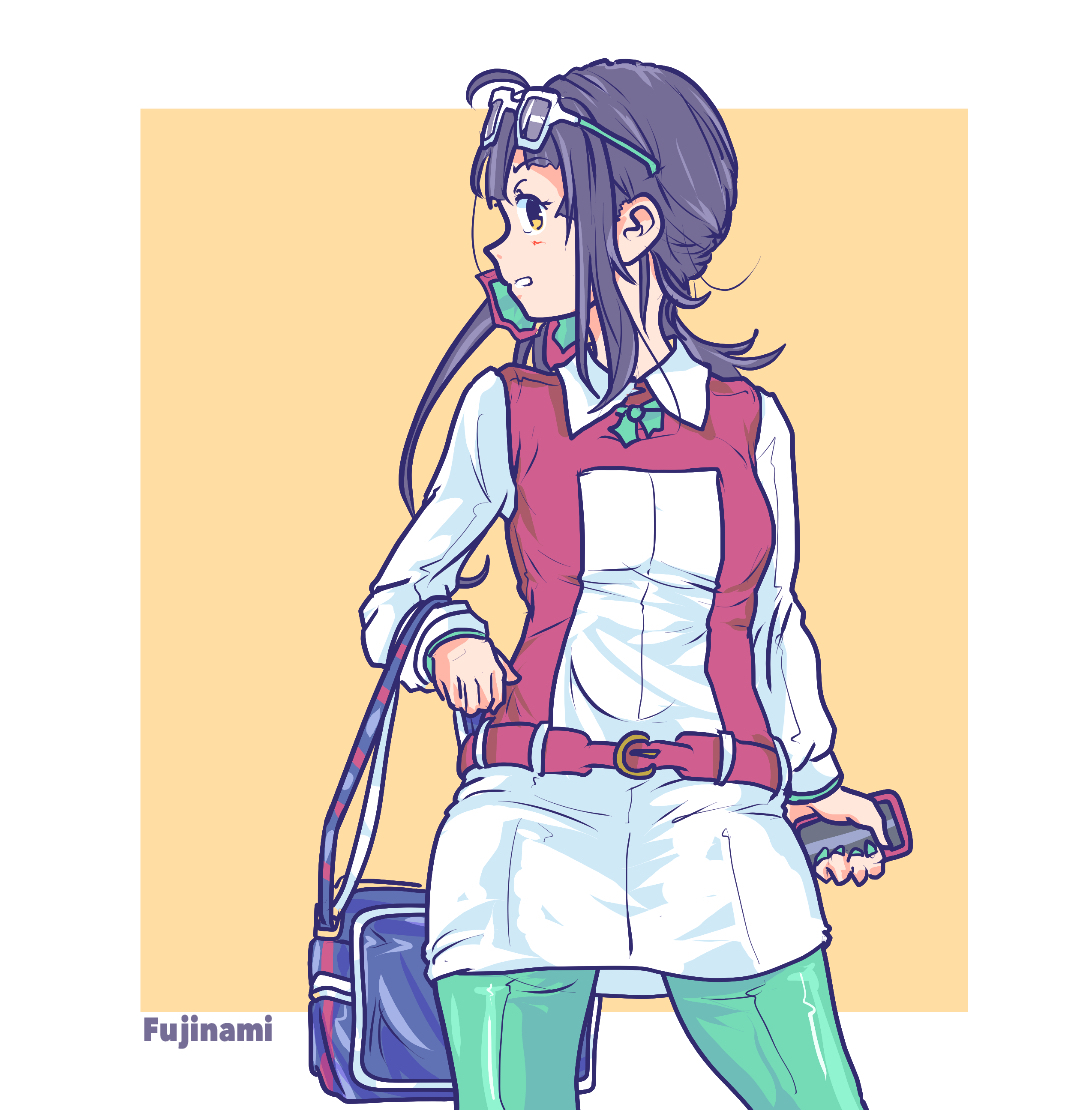 thrux, fujinami (kancolle), kantai collection, commentary, english commentary, 1girl, alternate costume, bag, black hair, brown shirt, cellphone, eyewear on head, green pantyhose, looking to the side, pantyhose, phone, shirt, side ponytail, skirt, smartphone, solo, sunglasses, two-tone shirt, white skirt