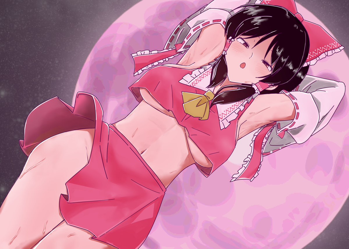 baystarsapphire, hakurei reimu, touhou, commentary request, 1girl, armpits, arms behind head, ascot, bare hips, bare shoulders, black hair, blush, bow, breasts, brown eyes, detached sleeves, full moon, hair tubes, looking at viewer, medium breasts, medium hair, midriff, moon, navel, no bra, no panties, parted lips, red bow, red shirt, red skirt, shirt, skirt, sleeveless, sleeveless shirt, solo, sweat, sweatdrop, thighs, underboob, yellow ascot