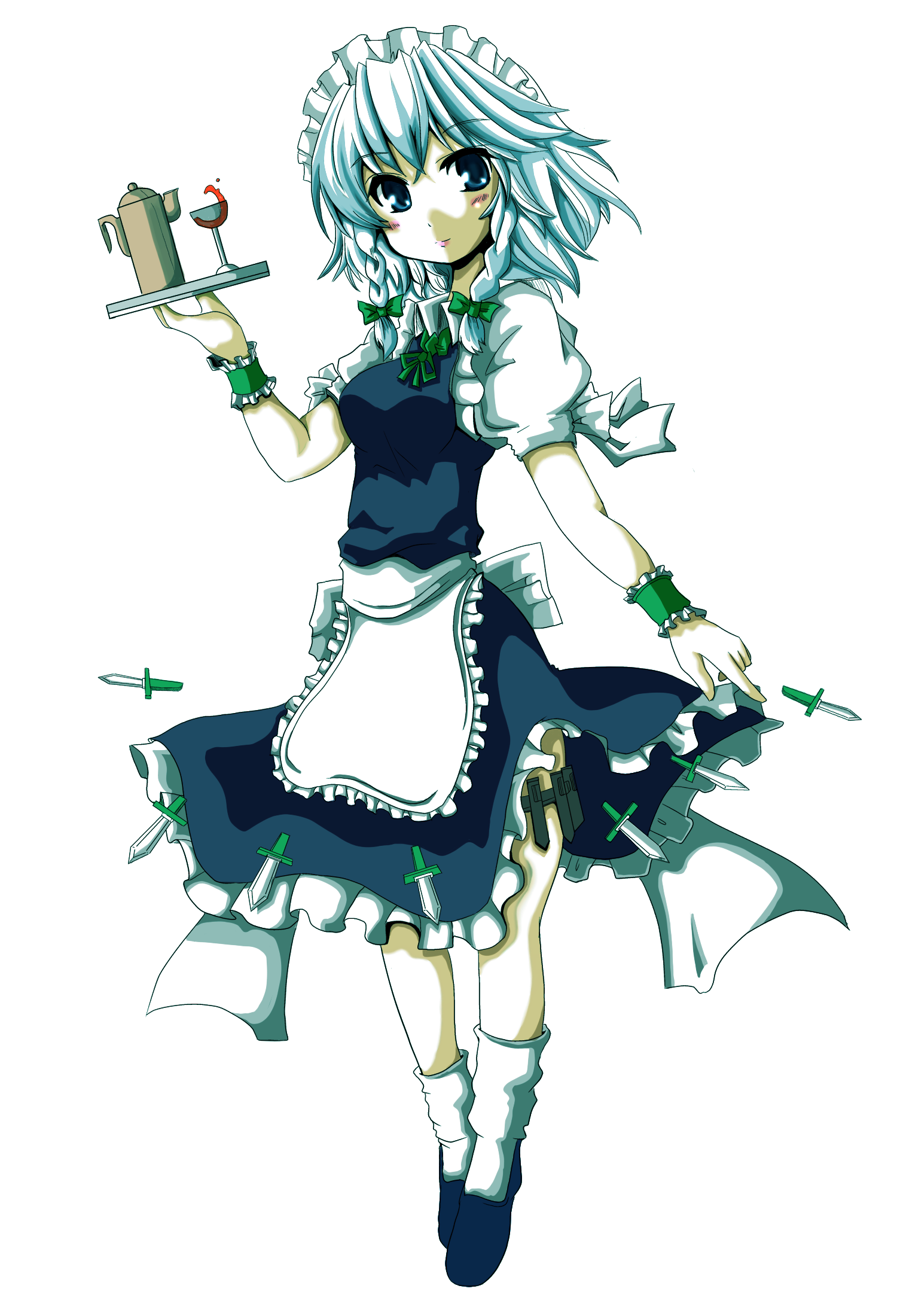 ishimori sakana, izayoi sakuya, touhou, bad id, bad pixiv id, highres, 1girl, breasts, female focus, full body, maid, ribbon, short hair, simple background, solo, thigh strap, white background
