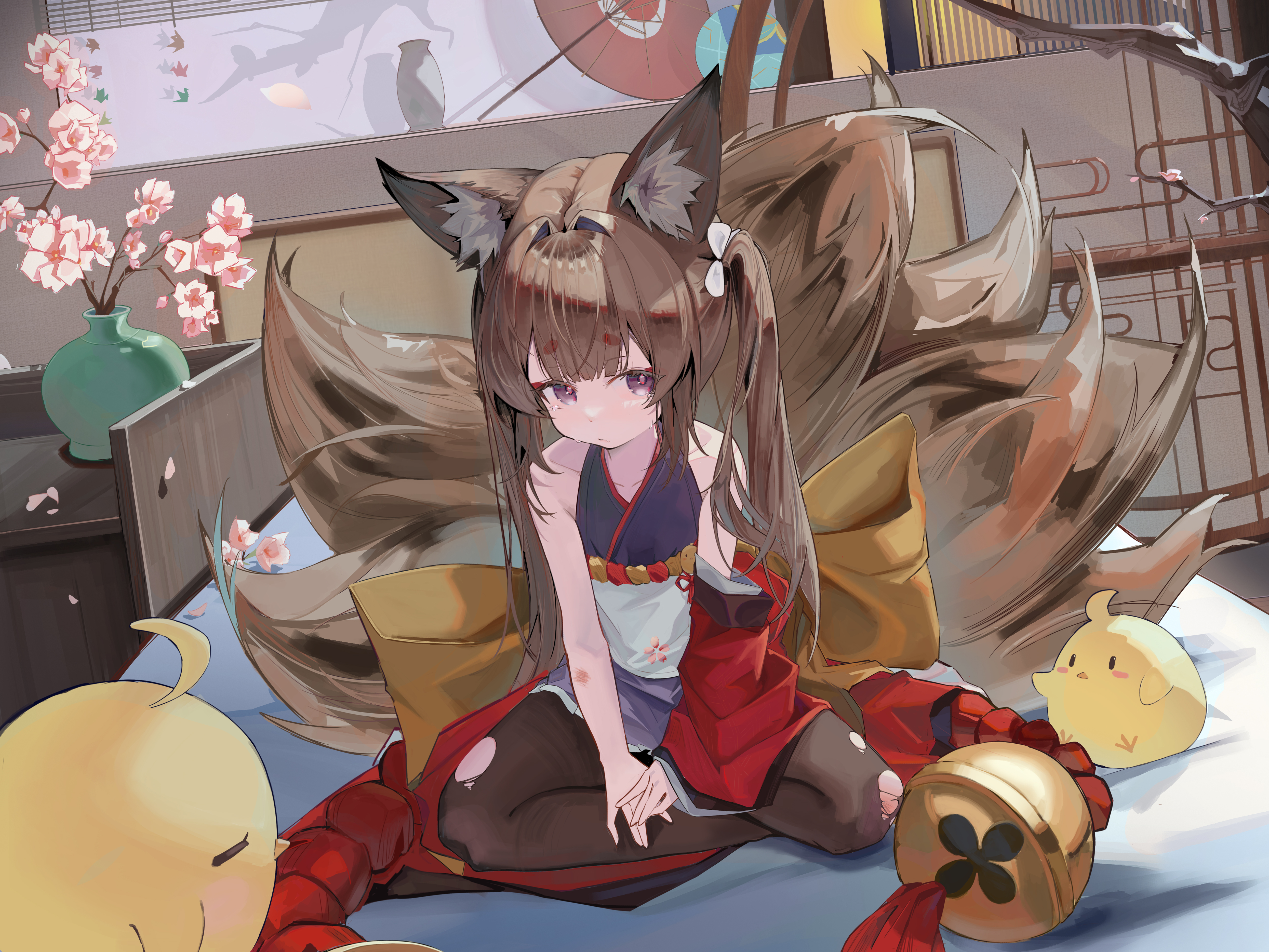 xiyu (52710106), amagi-chan (azur lane), manjuu (azur lane), azur lane, absurdres, highres, animal ears, brown hair, brown tail, detached sleeves, eyeshadow, fox ears, fox girl, fox tail, japanese clothes, kimono, kitsune, kyuubi, long hair, makeup, multiple tails, on bed, pantyhose, red eyeshadow, red kimono, rope, shimenawa, single sleeve, sitting, tail, tears, thick eyebrows, torn clothes, torn pantyhose, twintails
