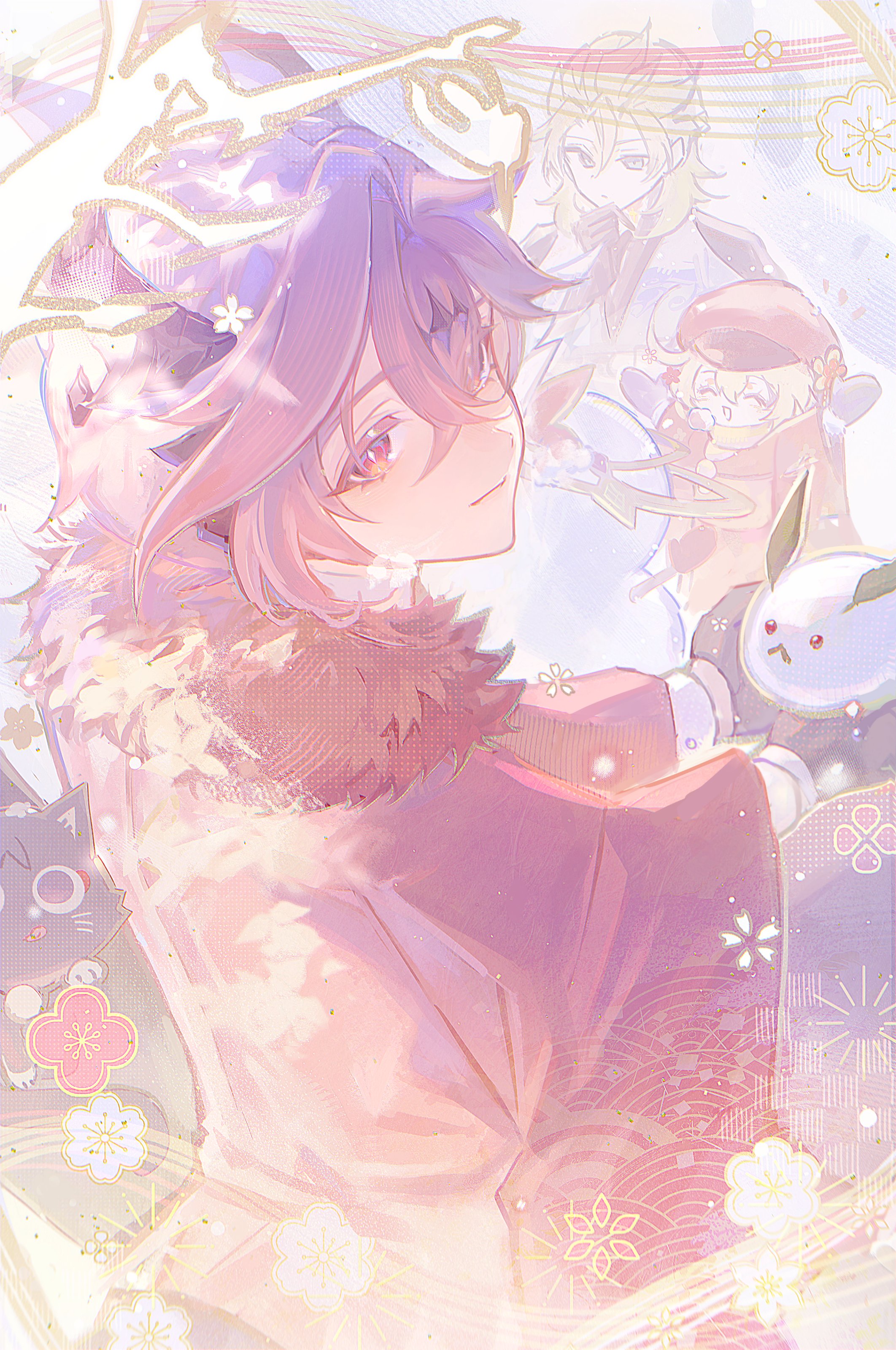 albedo (genshin impact), durin (genshin impact), klee (genshin impact), scaramouche (cat) (genshin impact), scaramouche (genshin impact), genshin impact, absurdres, highres, 1girl, 2boys, black gloves, blonde hair, diamond-shaped pupils, diamond (shape), dragon boy, dragon horns, fur trim, gloves, holding, holding snowball, horns, muimi575, multicolored eyes, multiple boys, purple hair, snow, snowball, snowman, symbol-shaped pupils, winter, winter clothes