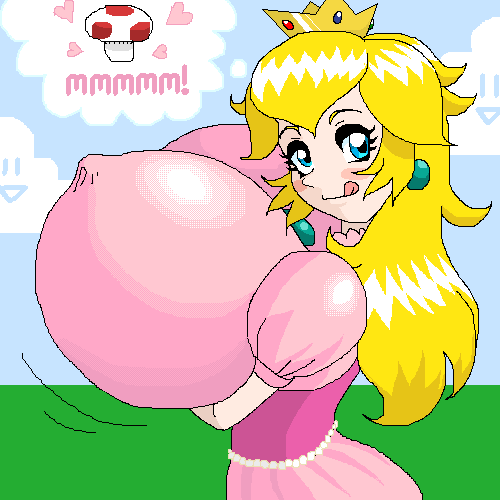 woot, princess peach, super mario bros. 1, lowres, :p, blush, breasts, cleavage, dress, gigantic breasts, large breasts, smile, tongue