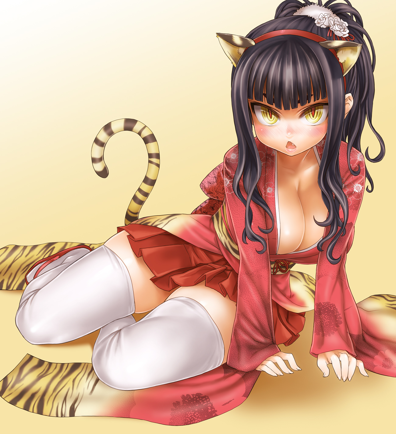 asanagi, original, highres, 10s, 1girl, 2010, animal ears, animal print, arm support, black hair, breasts, cleavage, female focus, flower, full body, furisode, hair ornament, huge breasts, japanese clothes, kimono, kimono skirt, large breasts, new year, pleated skirt, ponytail, short kimono, simple background, sitting, skirt, solo, tail, thighhighs, tiger ears, tiger print, white thighhighs, yellow background, yellow eyes, yukata, zettai ryouiki