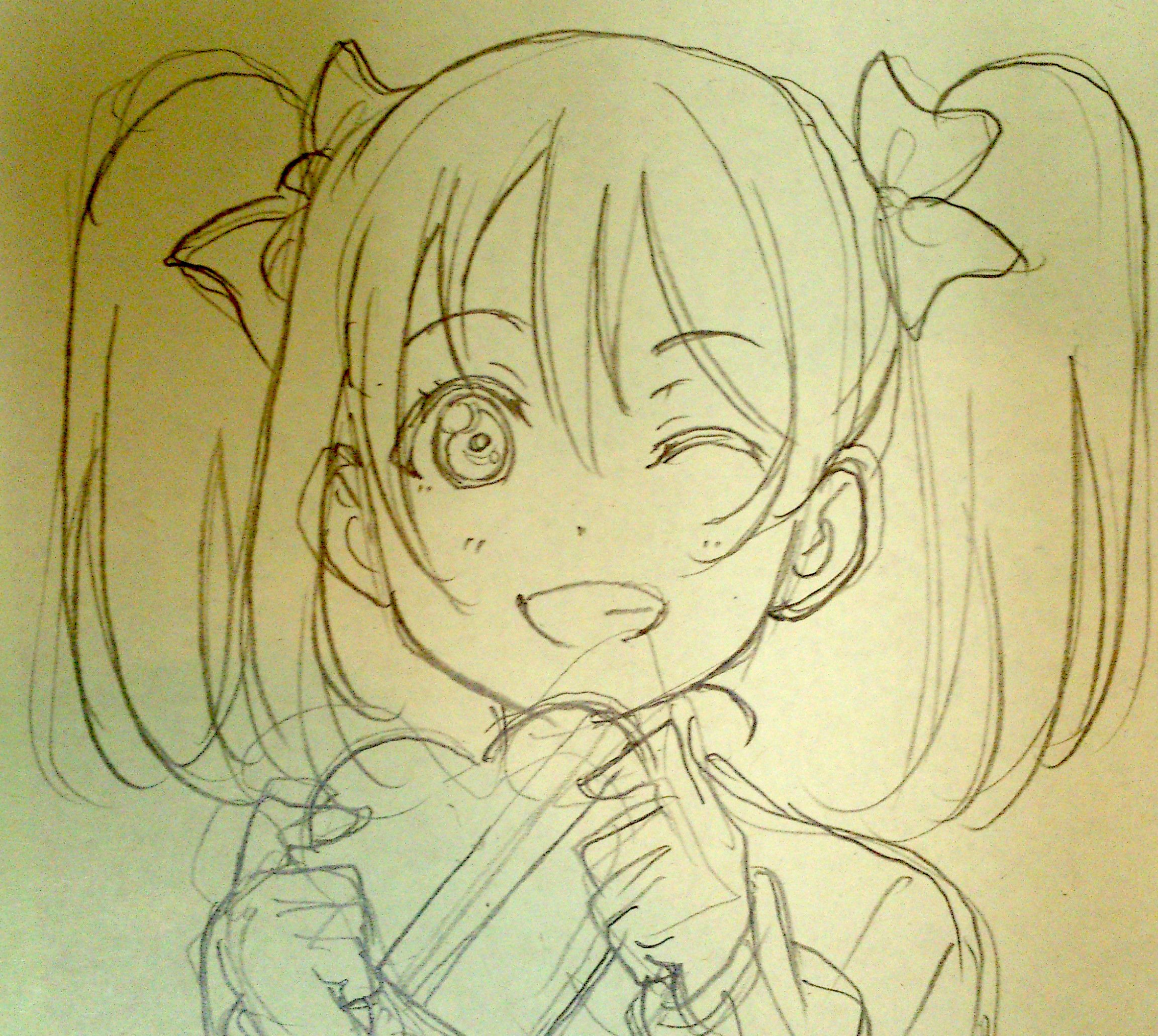 murota yuuhei, yazawa nico, love live!, love live! school idol project, graphite (medium), highres, traditional media, bow, grin, hair bow, hands up, heart, holding, long sleeves, looking at viewer, one eye closed, portrait, smile, twintails