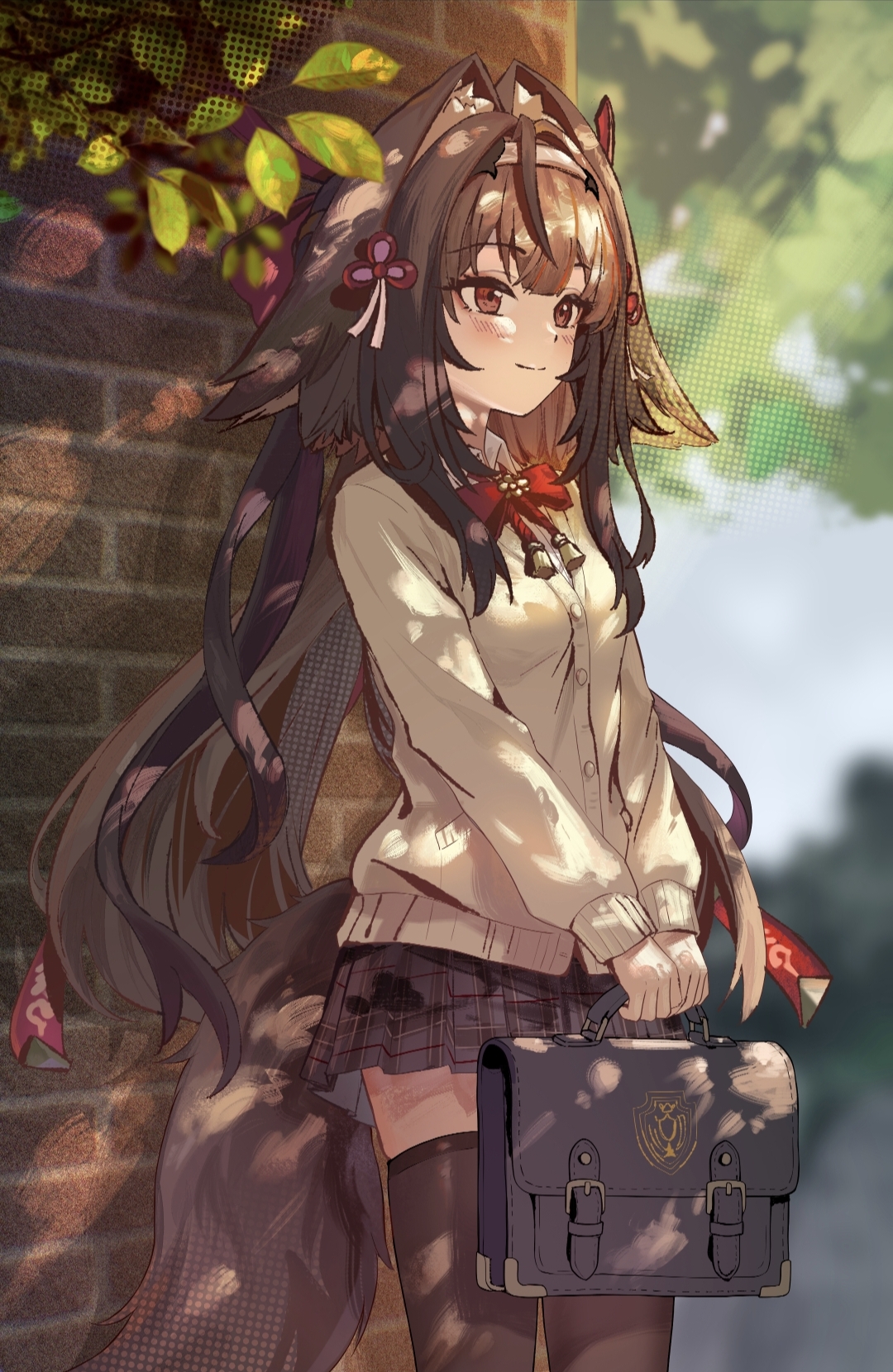mashaer, ye shunguang, zenless zone zero, highres, 1girl, animal ears, bag, black thighhighs, blush, brown cardigan, brown hair, cardigan, closed mouth, clover hair ornament, collared shirt, droopy ears, hair intakes, hair ornament, hairband, holding, holding bag, horse ears, horse girl, horse tail, long hair, long sleeves, outdoors, plaid clothes, plaid skirt, pleated skirt, red eyes, school bag, school uniform, shirt, skirt, smile, solo, standing, tail, thighhighs, very long hair, white hairband, white shirt