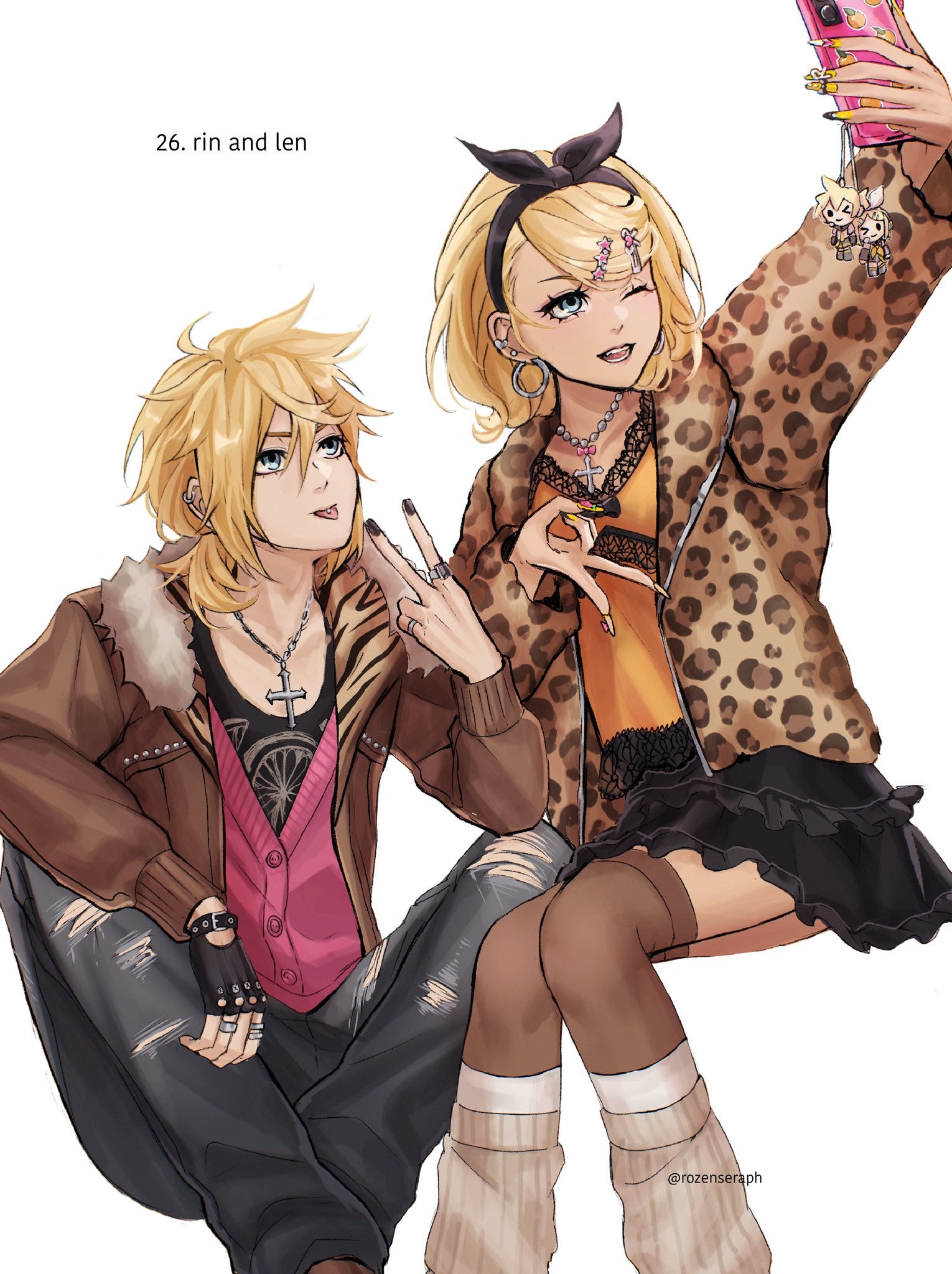 kagamine len, kagamine rin, vocaloid, silver necklace, commentary, english commentary, highres, 1boy, 1girl, animal print, baggy pants, bead necklace, beads, black bow, black gloves, black nails, black pants, black shirt, black skirt, blonde hair, blue eyes, bow, brown jacket, brown thighhighs, camisole, cardigan, cellphone, cellphone charm, character charm, character name, charm (object), cross, cross necklace, denim, ear piercing, earrings, fake nails, fingerless gloves, fingernails, frilled skirt, frills, fur-trimmed jacket, fur trim, gloves, gyaru, gyaruo, hair bow, hair ornament, hairclip, hoop earrings, invisible chair, jacket, jeans, jewelry, kneehighs, lace-trimmed camisole, lace trim, layered legwear, leopard print, long fingernails, long sleeves, loose socks, necklace, one eye closed, open clothes, open mouth, orange camisole, pants, phone, piercing, pink cardigan, ponytail, print shirt, ring, rozenseraph, selfie, shirt, short hair, short ponytail, single glove, sitting, skirt, smartphone, smile, socks, star (symbol), star hair ornament, thighhighs, tiger print, tongue, tongue out, tongue piercing, torn clothes, torn jeans, torn pants, white socks, yellow nails
