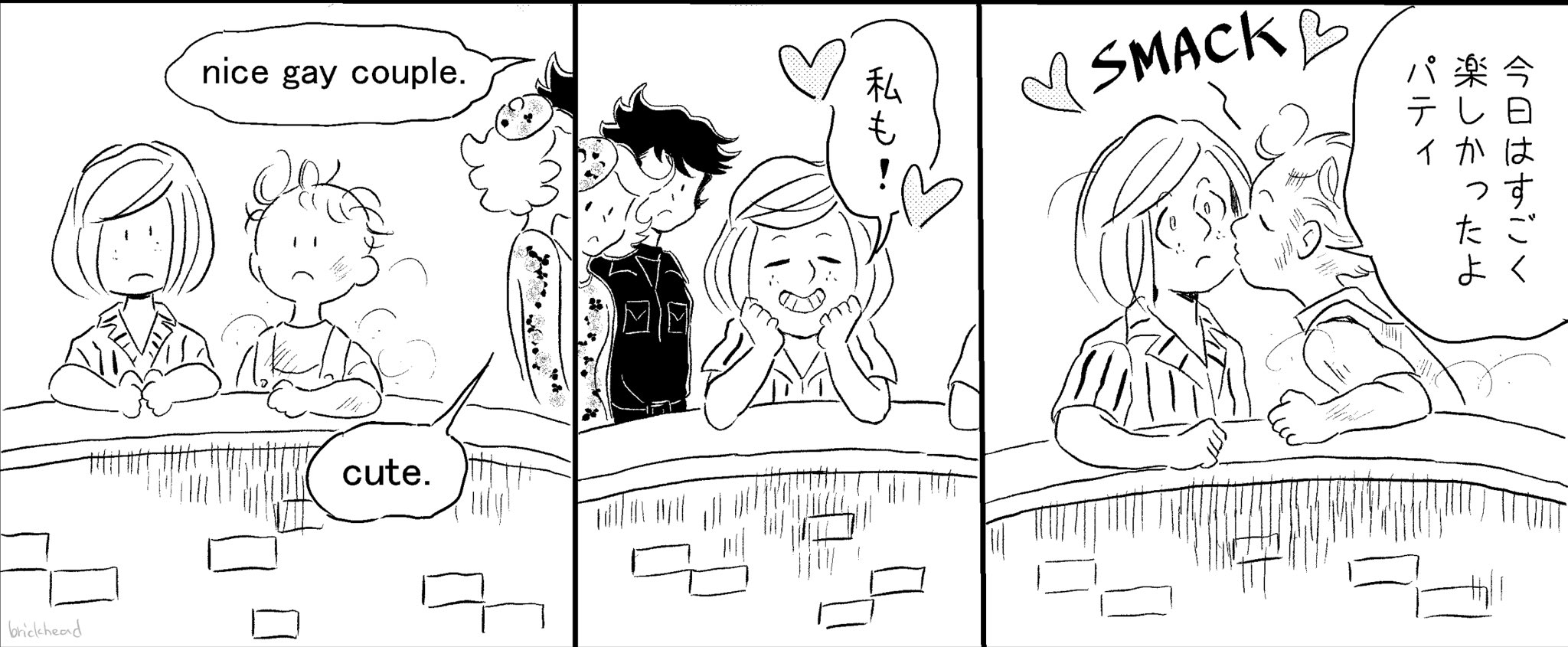 thevigil, peppermint patty, pig-pen, peanuts (comic), commentary request, highres, translated, 1boy, 1girl, dirty, dirty clothes, dirty face, freckles, hetero, kiss, kissing cheek, monochrome, overalls, shirt, short hair, smile, striped clothes, striped shirt, vertical-striped clothes, vertical-striped shirt