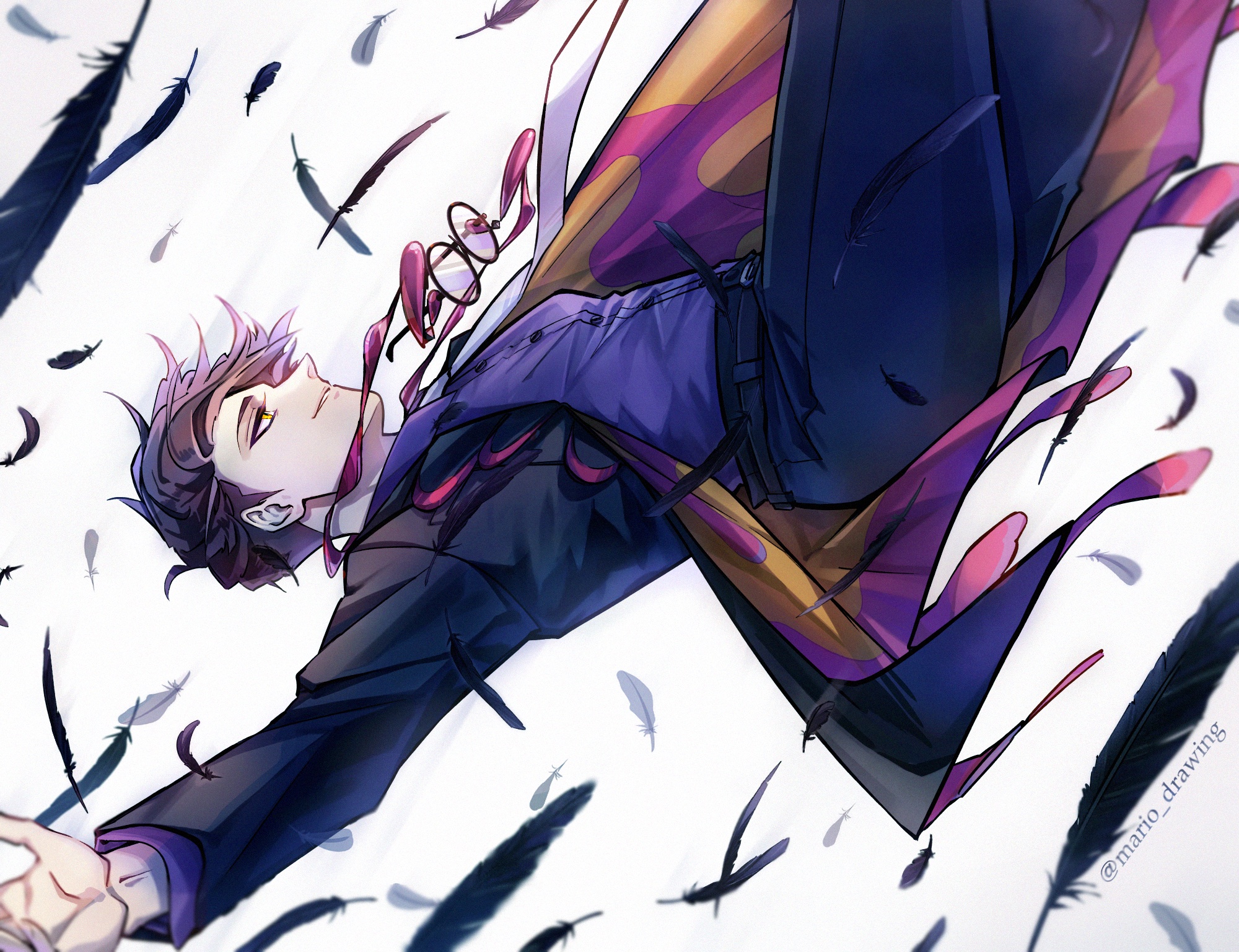 mario (2669431), corbeau (pokemon), nintendo, pokemon, pokemon legends: z-a, commentary, commentary request, english commentary, highres, mixed-language commentary, 1boy, belt, black belt, black coat, black pants, buttons, coat, collared shirt, falling feathers, feathers, floating hair, glasses, lapels, layered sleeves, long sleeves, male focus, no eyewear, outstretched arms, pants, parted lips, purple coat, purple hair, purple shirt, round eyewear, shirt, shirt tucked in, short hair, solo, twitter username, two-sided coat, two-sided fabric, unworn eyewear, wing collar