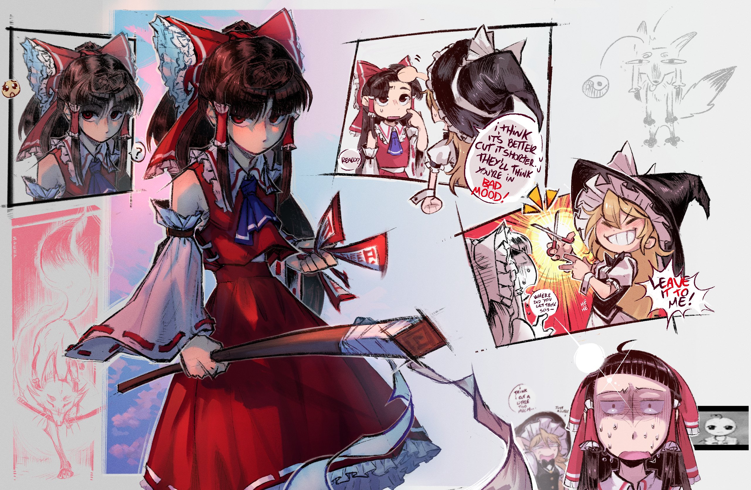 sleep (isliping), hakurei reimu, hakurei reimu (fox), houraisan kaguya, kirisame marisa, touhou, commentary, highres, ahoge, bare shoulders, black vest, blonde hair, blunt bangs, bow, brown hair, cutting another's hair, cutting hair, detached sleeves, english text, expressionless, gohei, grin, hair between eyes, hair tubes, hat, holding, holding gohei, holding ofuda, holding scissors, long hair, ofuda, parted lips, red bow, red eyes, red shirt, red skirt, reference inset, scissors, shirt, short bangs, short sleeves, skirt, sleeveless, sleeveless shirt, smile, speech bubble, sweat, sweatdrop, vest, white shirt, witch hat