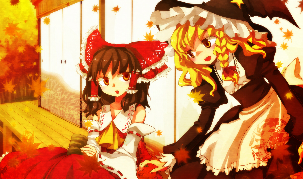 hanui, hakurei reimu, kirisame marisa, touhou, bad id, bad pixiv id, 2girls, blonde hair, bow, braid, brown hair, detached sleeves, female focus, hair bow, hat, japanese clothes, leaf, maple leaf, miko, multiple girls, witch, witch hat, yellow eyes