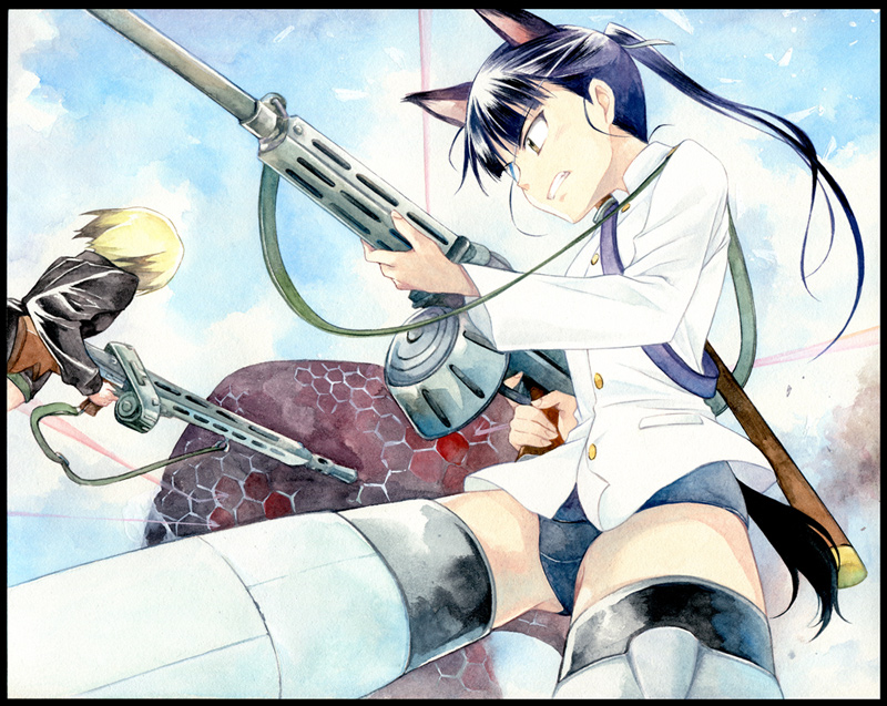agahari, erica hartmann, sakamoto mio, strike witches, world witches series, uniform, 00s, 2girls, animal ears, black hair, drum magazine, eyepatch, gun, holding, holding behind back, holding sword, holding sword behind back, holding weapon, holding weapon behind back, long hair, machine gun, magazine (weapon), multicolored hair, multiple girls, no pants, one-piece swimsuit, ponytail, school swimsuit, short hair, striker unit, swimsuit, swimsuit under clothes, sword, tail, two-tone hair, weapon, weapon on back