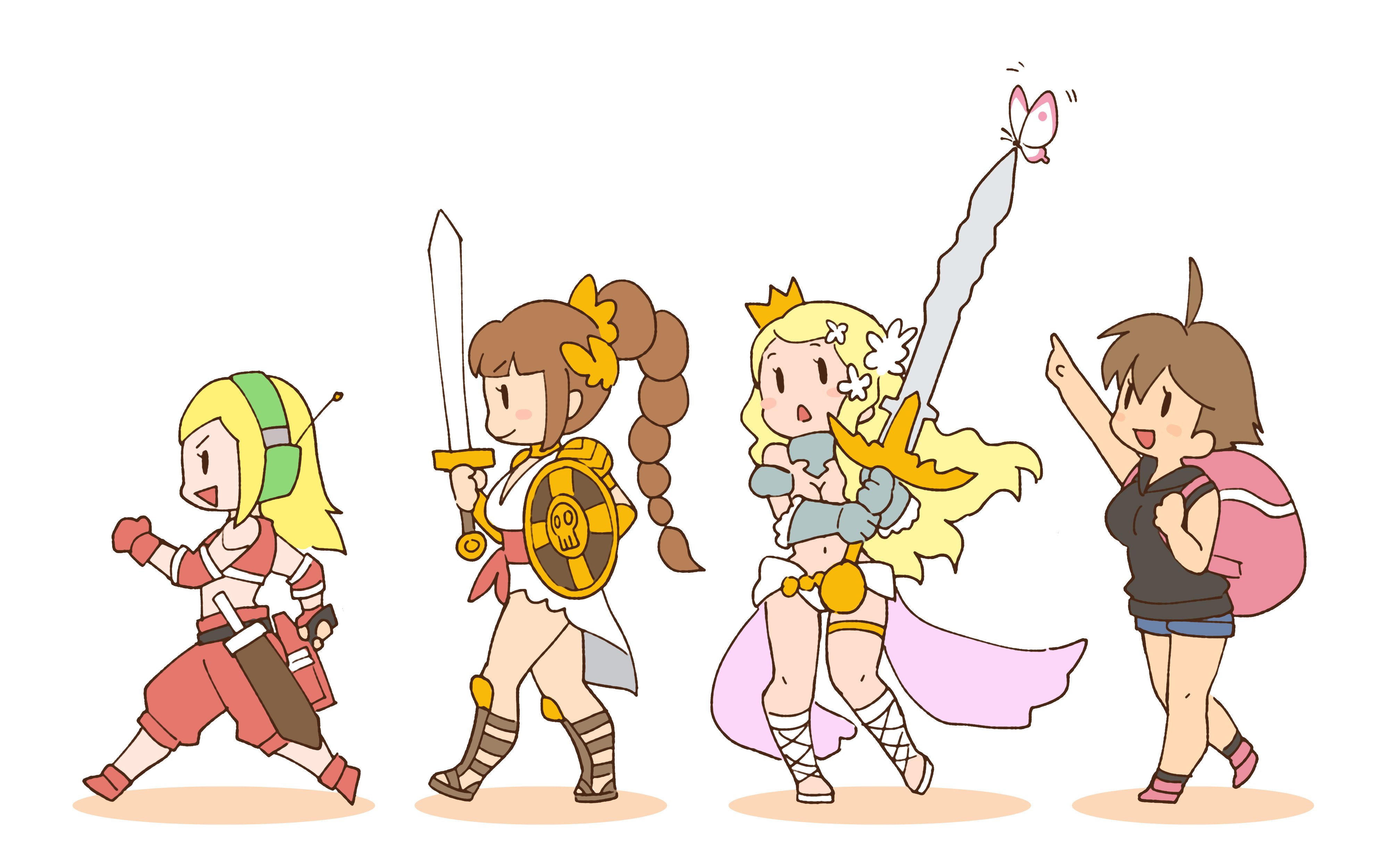 curly brace, helen (blade strangers), solange blanchefleur de luxe, umihara kawase (character), blade strangers, code of princess, doukutsu monogatari, umihara kawase, gold collar, absurdres, artist request, commentary, english commentary, highres, official art, second-party source, 4girls, ahoge, android, ankle socks, armlet, armor, backpack, bag, baggy pants, black hood, black hoodie, black socks, blonde hair, blue shorts, blunt bangs, blush, bracer, braid, braided ponytail, breasts, brown hair, brown sandals, bug, butterfly, cleavage, closed mouth, crop top, cross-laced clothes, cross-laced legwear, crown, deformed, deluxcalibur (code of princess), dress, elbow pads, flat color, flower, from side, gauntlets, gladiator sandals, gloves, gold armor, gold bracer, gold crown, gold thighlet, gorget, greatsword, greco-roman clothes, gun, hair flower, hair ornament, hair tie, headphones, headpiece, high-low dress, holding, holding gun, holding shield, holding sword, holding weapon, hood, hood down, hoodie, index finger raised, insect, jewelry, joints, large breasts, leg up, long hair, low-braided long hair, low-tied long hair, midriff, mini crown, motion lines, multiple girls, narrow waist, navel, no nose, open mouth, panties, pants, pauldrons, pink bag, pink shoes, pink wings, pointed crown, pointing, pommel, ponytail, princess, red gloves, red pants, red sash, red tank top, revealing clothes, robot joints, sandals, sash, shadow, sheath, sheathed, shield, shoes, short shorts, shorts, shoulder armor, sidelocks, silver armlet, silver armor, single braid, skinny, sleeveless, sleeveless hoodie, smile, socks, solid oval eyes, straight hair, sword, tank top, thighlet, thong, tilted headwear, triangle mouth, two-handed sword, two-tone wings, underwear, v-shaped eyebrows, vambraces, very long hair, walking, warrior, wavy hair, weapon, white background, white butterfly, white dress, white flower, white panties, white sandals, white wings, wings, zweihander