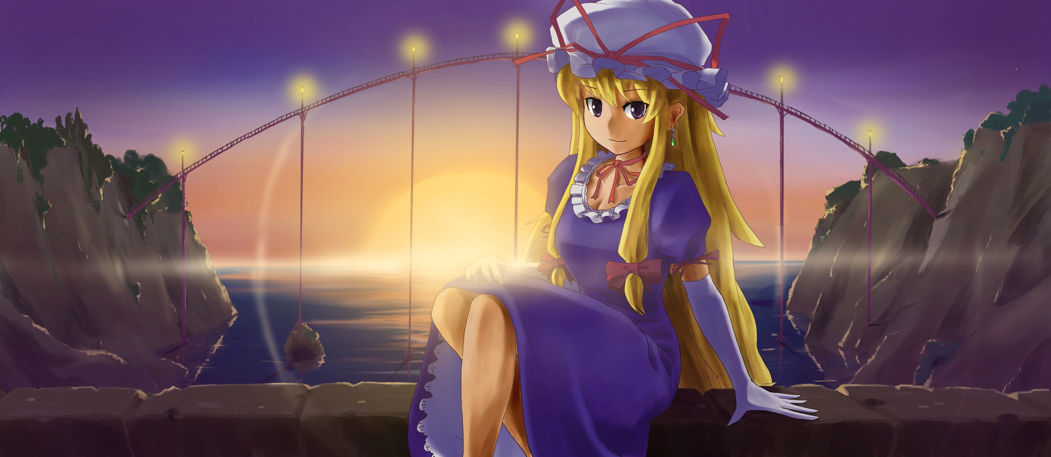 buncha to imon, yakumo yukari, touhou, absurdres, bad id, bad pixiv id, highres, long image, 1girl, blonde hair, bridge, choker, cliff, earrings, elbow gloves, female focus, gloves, hat, jewelry, lamppost, long hair, looking at viewer, ocean, purple eyes, ribbon choker, sitting, smile, solo, sun, sunset